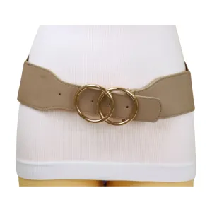 Women Beige Taupe Stretch Belt Gold Circle Buckle S M
