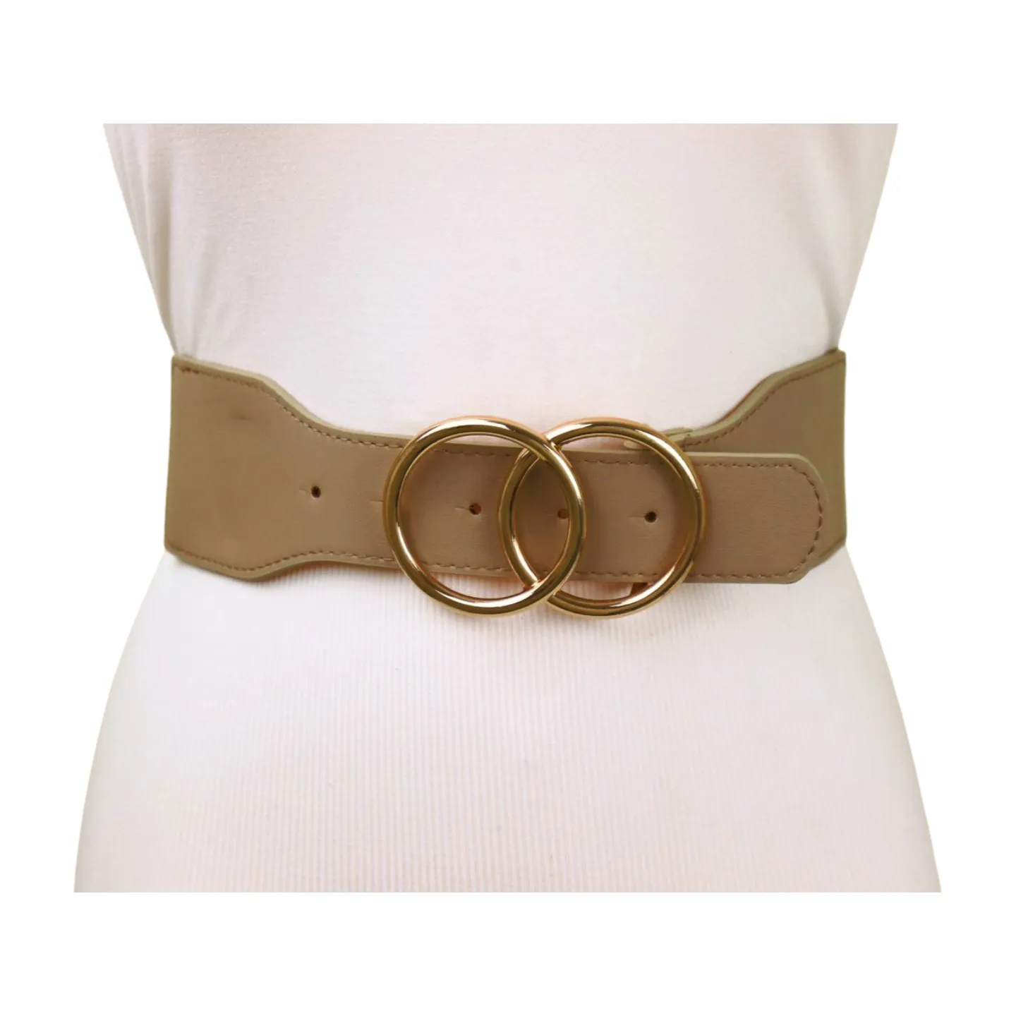 Women Beige Taupe Stretch Belt Gold Circle Buckle S M