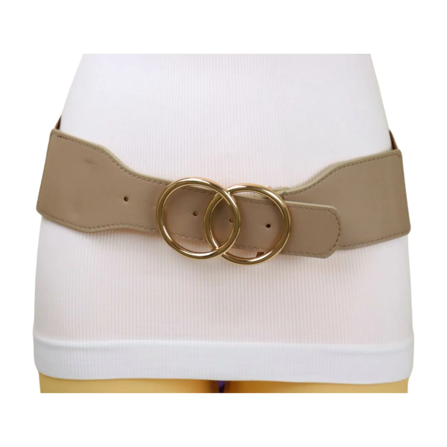 Women Beige Taupe Stretch Belt Gold Circle Buckle S M