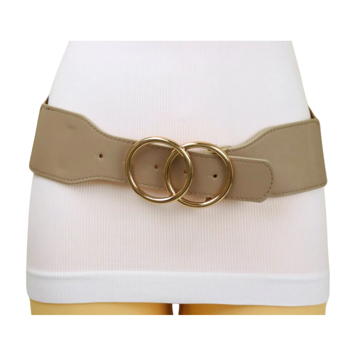 Women Beige Taupe Stretch Belt Gold Circle Buckle S M