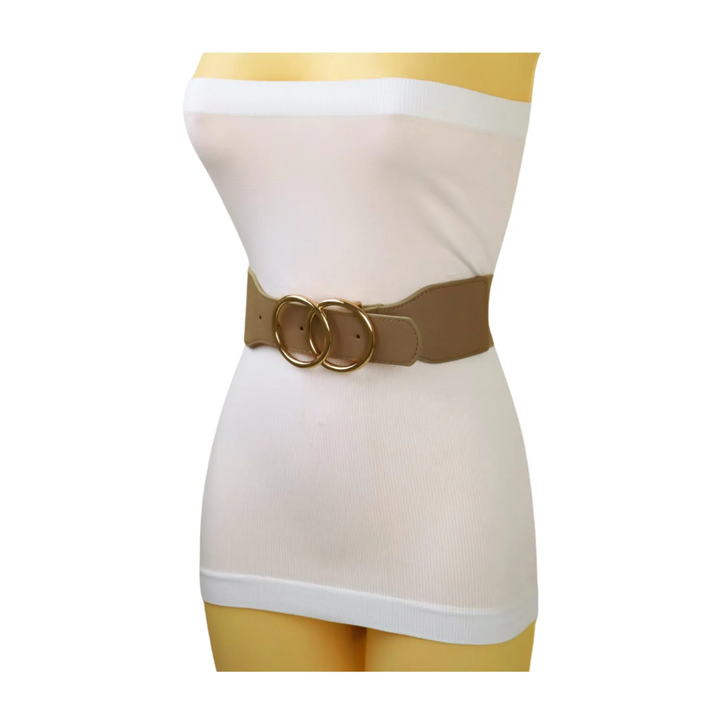 Women Beige Taupe Stretch Belt Gold Circle Buckle S M