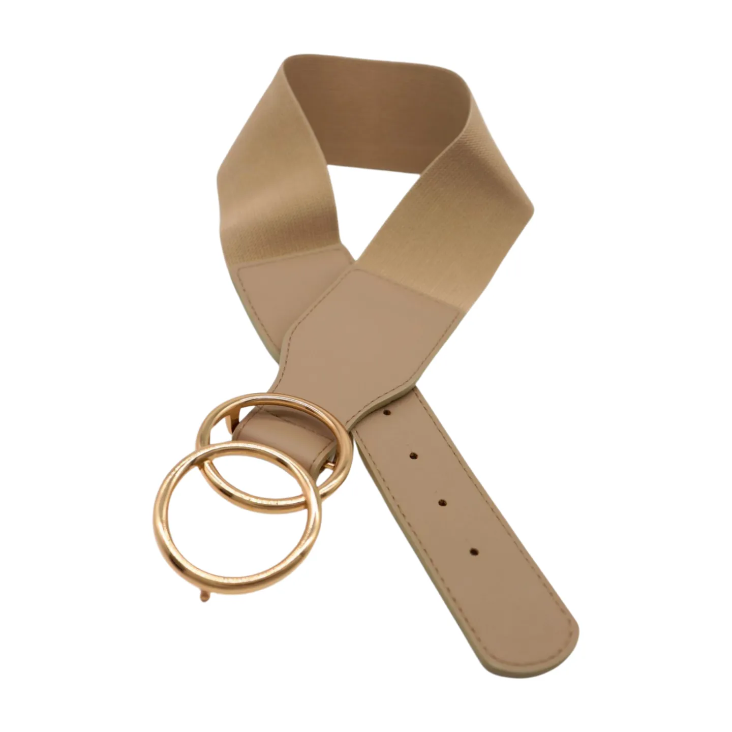 Women Beige Taupe Stretch Belt Gold Circle Buckle S M