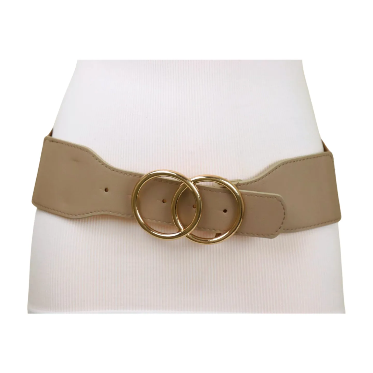 Women Beige Taupe Stretch Belt Gold Circle Buckle S M