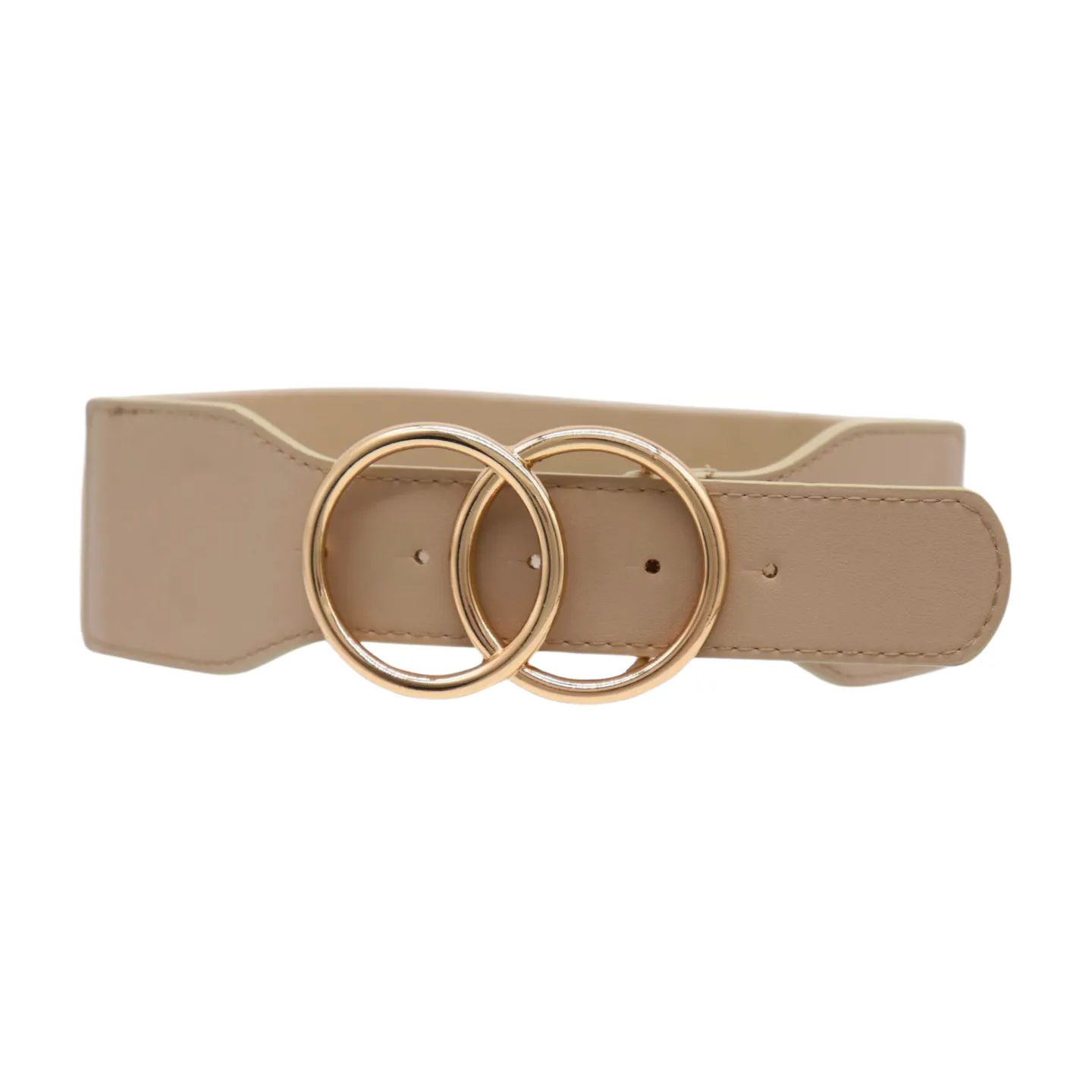 Women Beige Taupe Stretch Belt Gold Circle Buckle S M