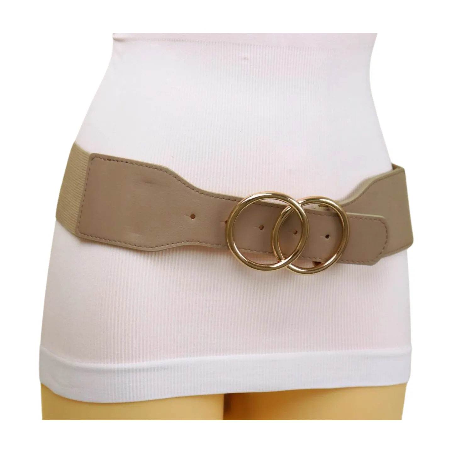 Women Beige Taupe Stretch Belt Gold Circle Buckle S M