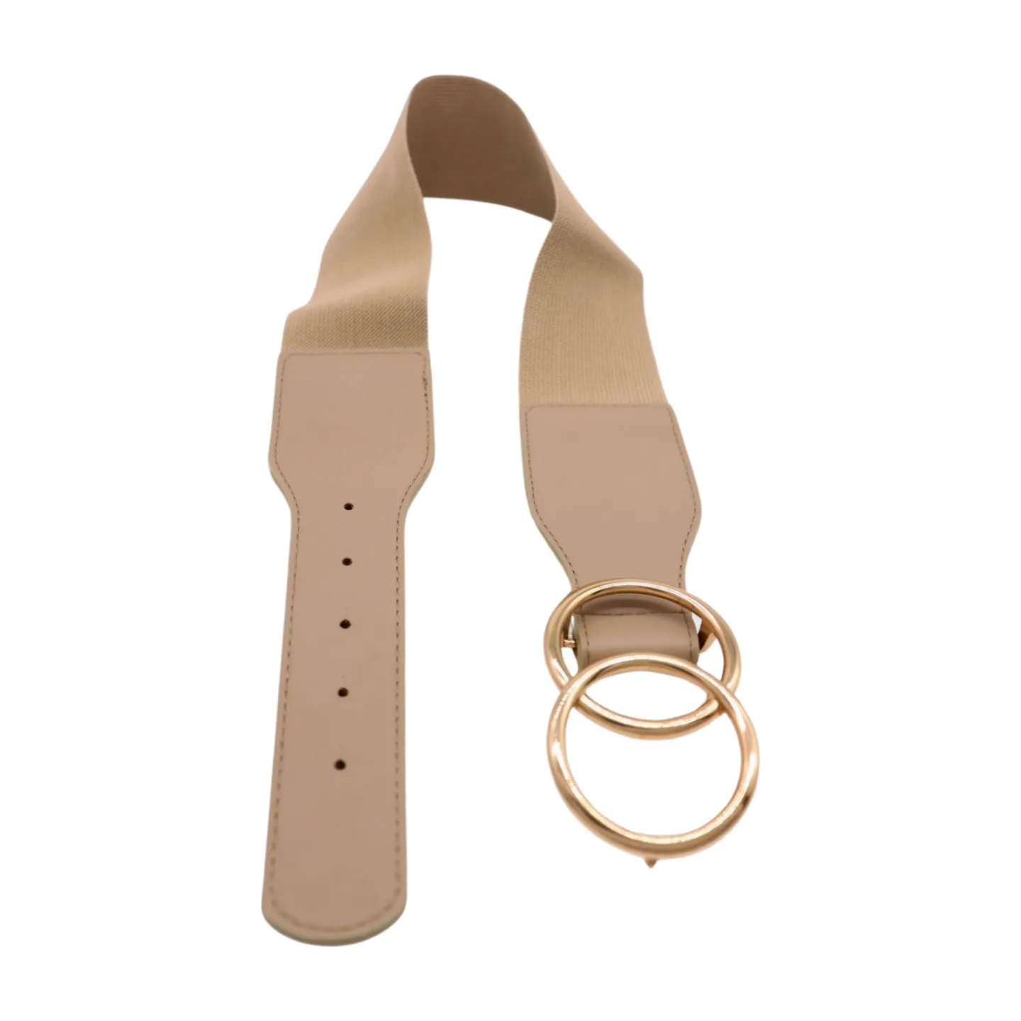 Women Beige Taupe Stretch Belt Gold Circle Buckle S M