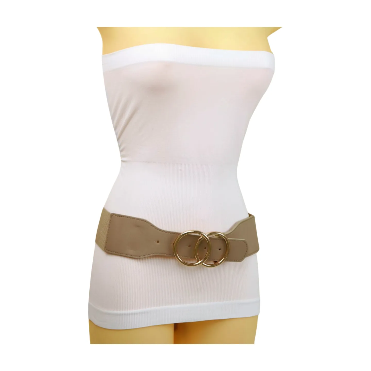 Women Beige Taupe Stretch Belt Gold Circle Buckle S M