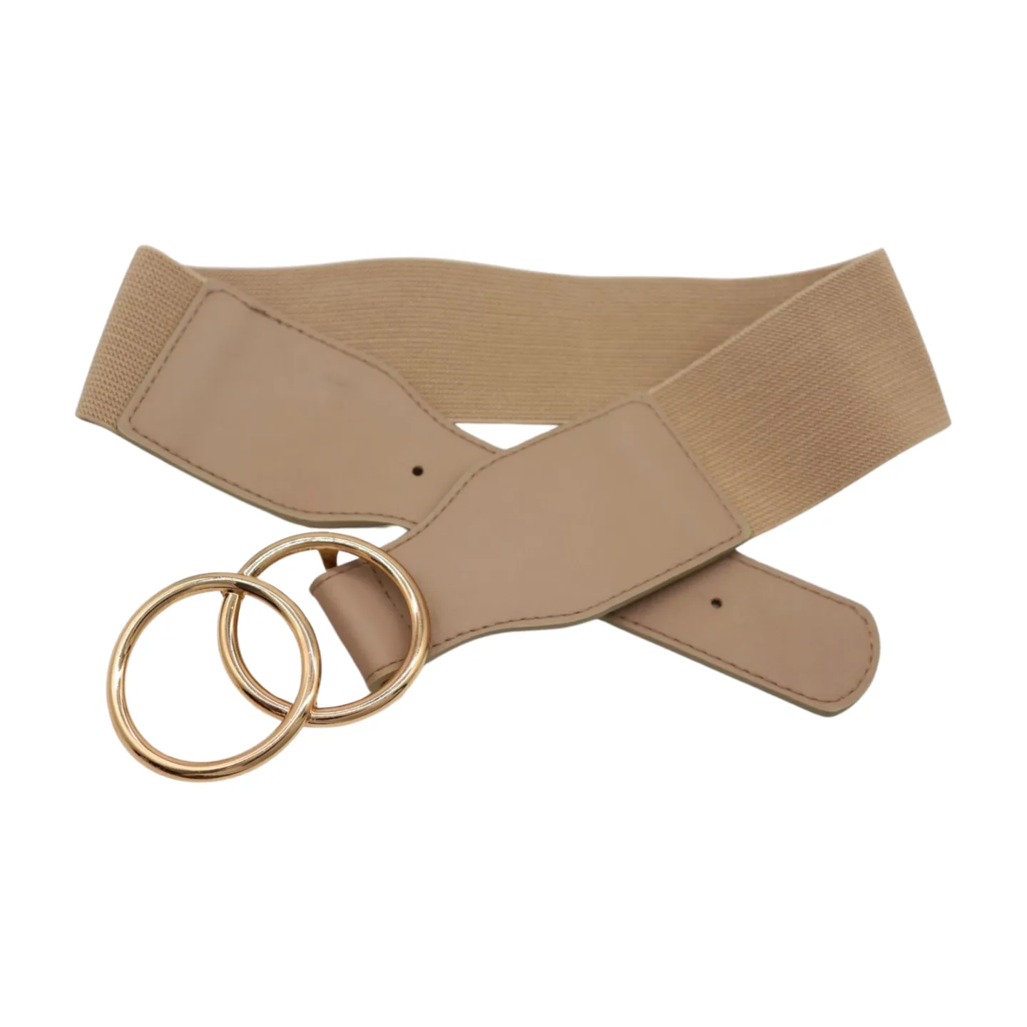 Women Beige Taupe Stretch Belt Gold Circle Buckle S M