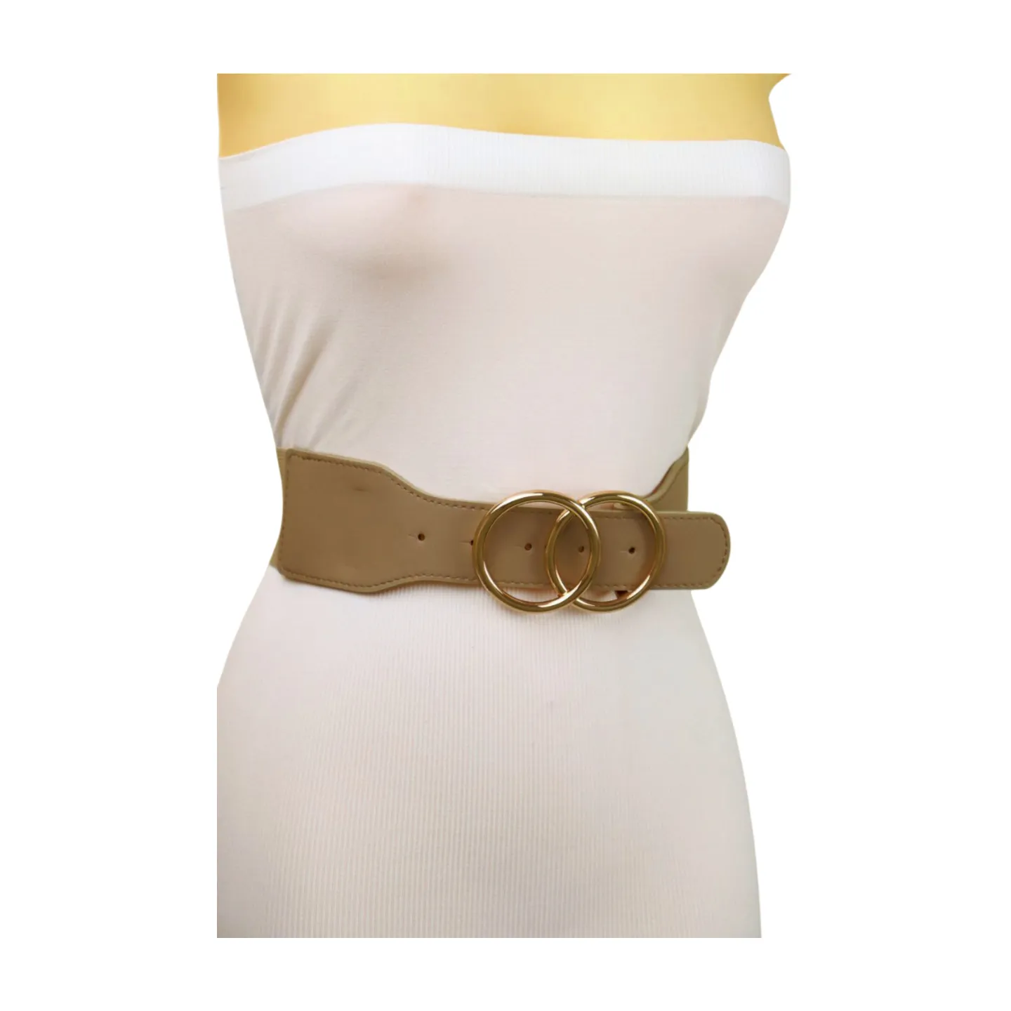 Women Beige Taupe Stretch Belt Gold Circle Buckle S M