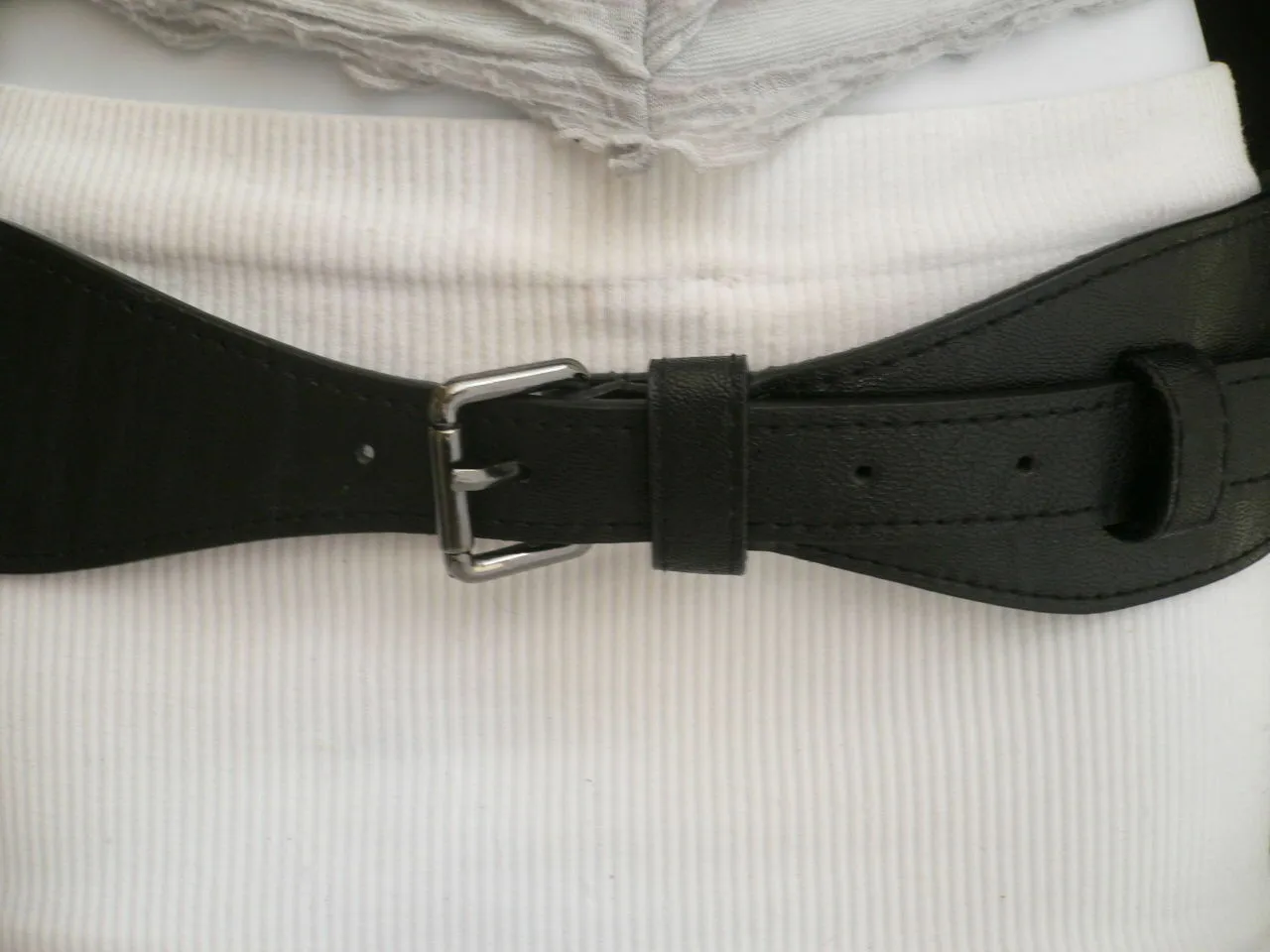 Women Black Faux Leather Belt Fashion Hip High Waist Elastic Long Buckle S - M