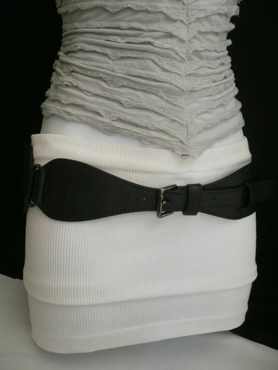 Women Black Faux Leather Belt Fashion Hip High Waist Elastic Long Buckle S - M