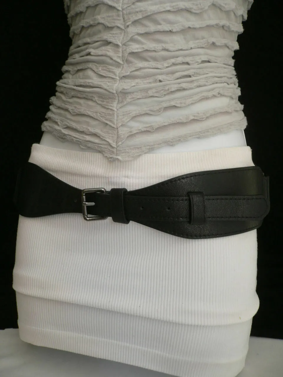 Women Black Faux Leather Belt Fashion Hip High Waist Elastic Long Buckle S - M