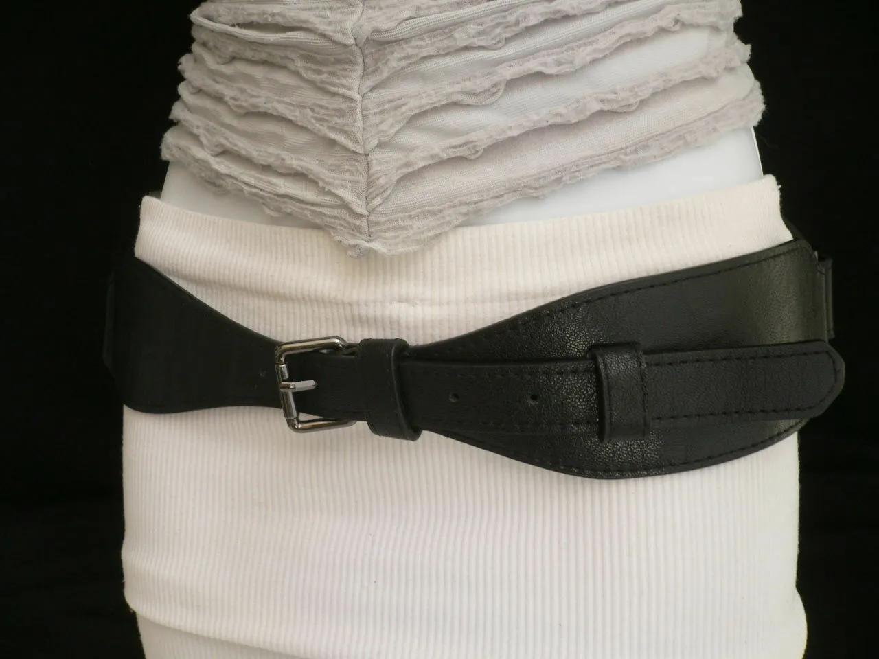 Women Black Faux Leather Belt Fashion Hip High Waist Elastic Long Buckle S - M