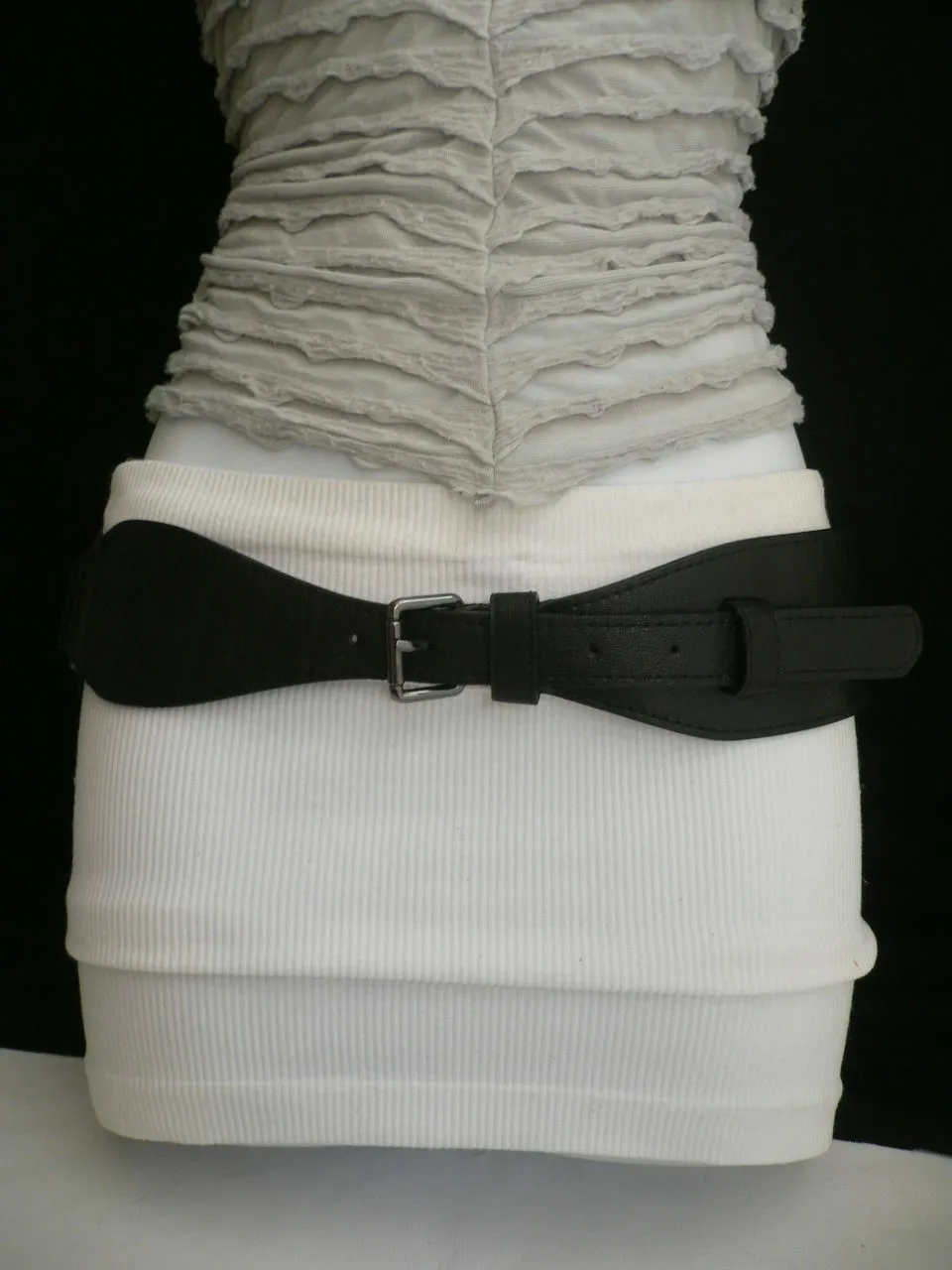 Women Black Faux Leather Belt Fashion Hip High Waist Elastic Long Buckle S - M