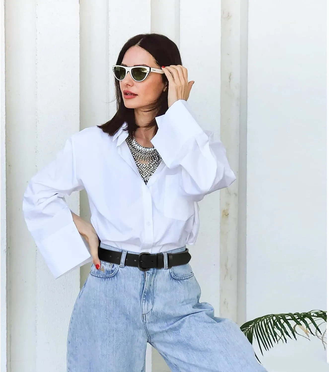 Women Black Leather Belt for Jeans Pants Dresses with Black Buckle