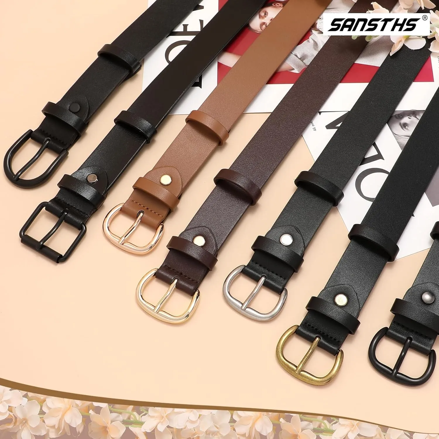 Women Black Leather Belt for Jeans Pants Dresses with Black Buckle