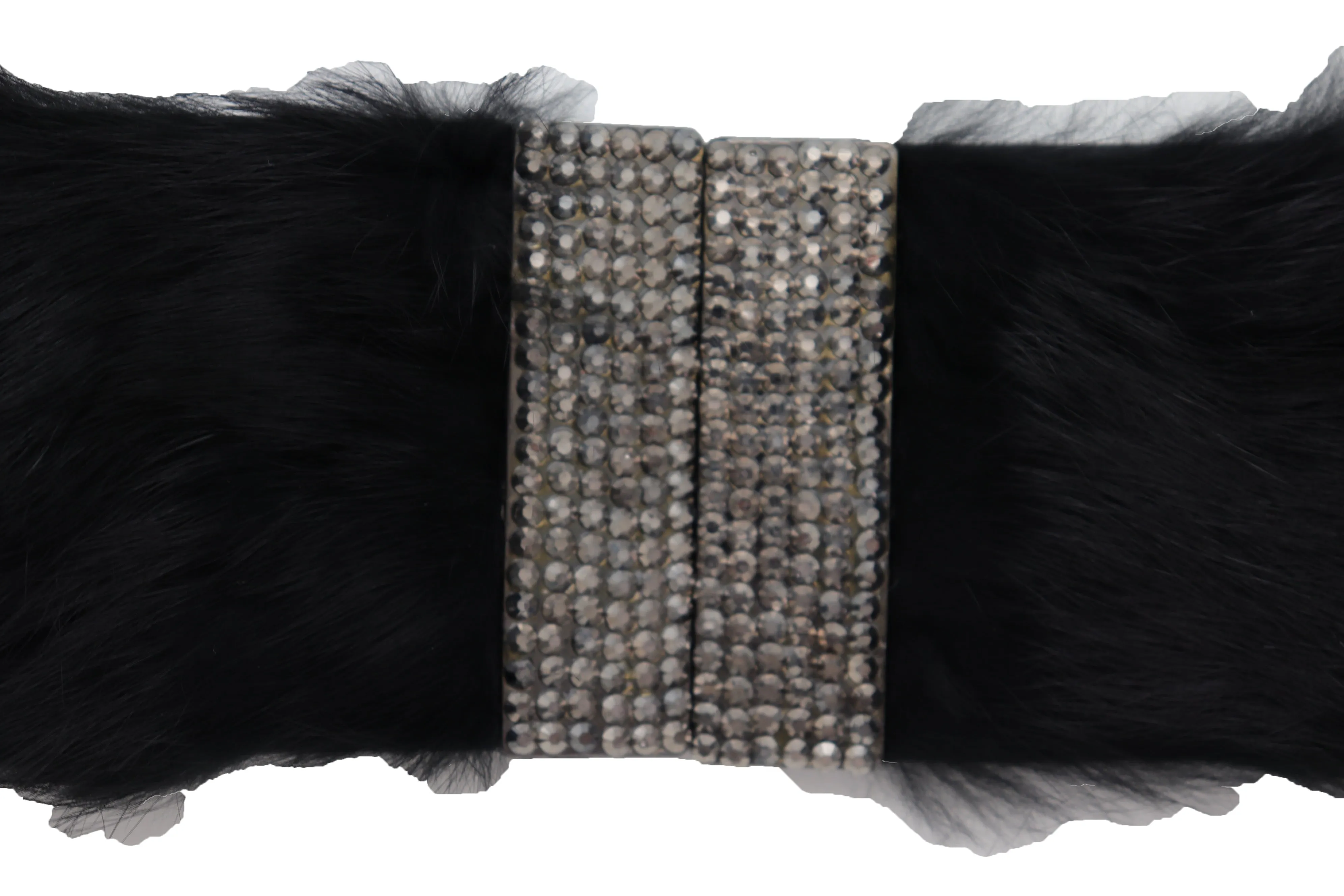 Women Black Wide Elastic Hip Waist Fashion Belt Faux Fur Fancy Style Size M L