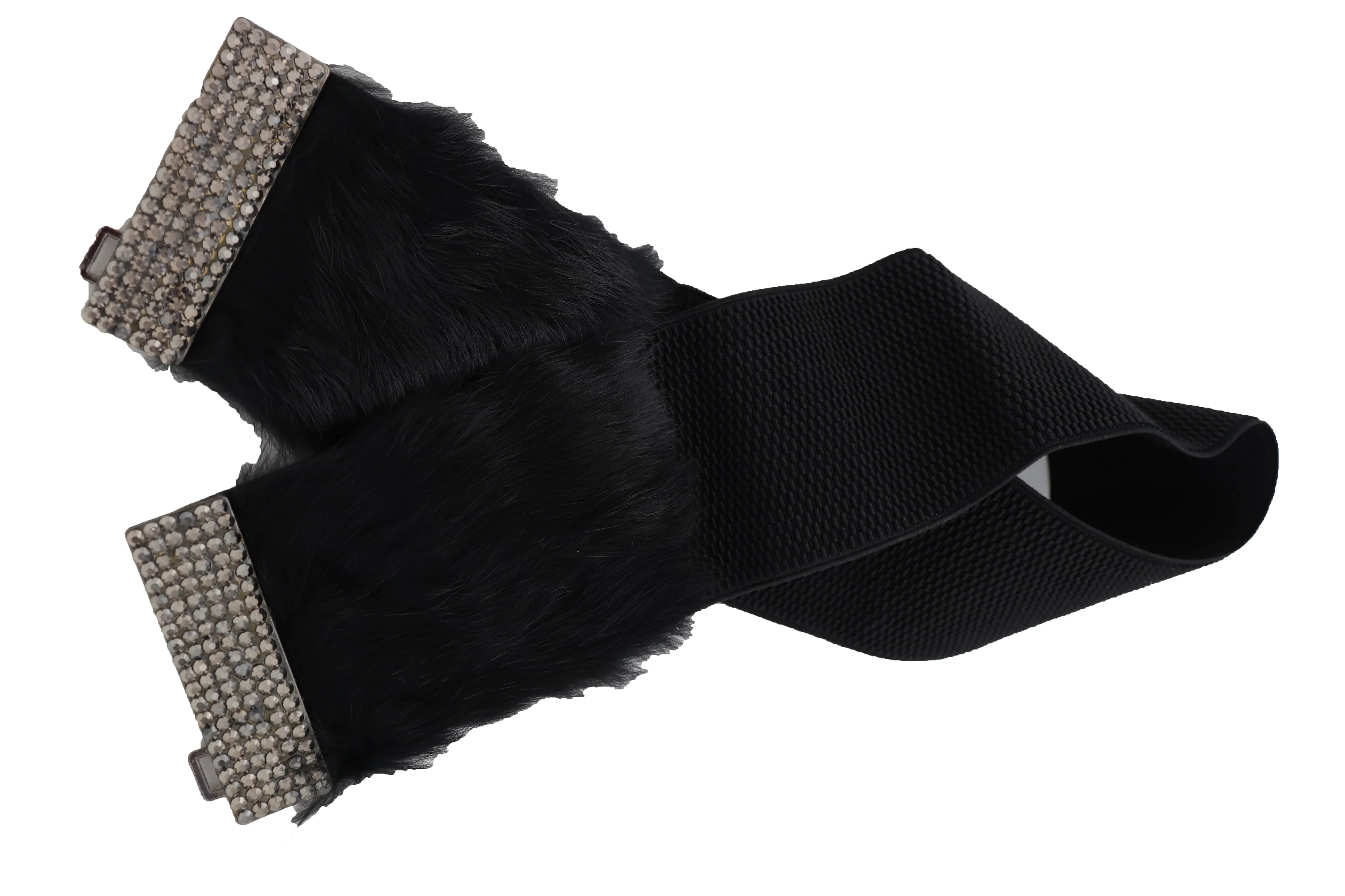 Women Black Wide Elastic Hip Waist Fashion Belt Faux Fur Fancy Style Size M L