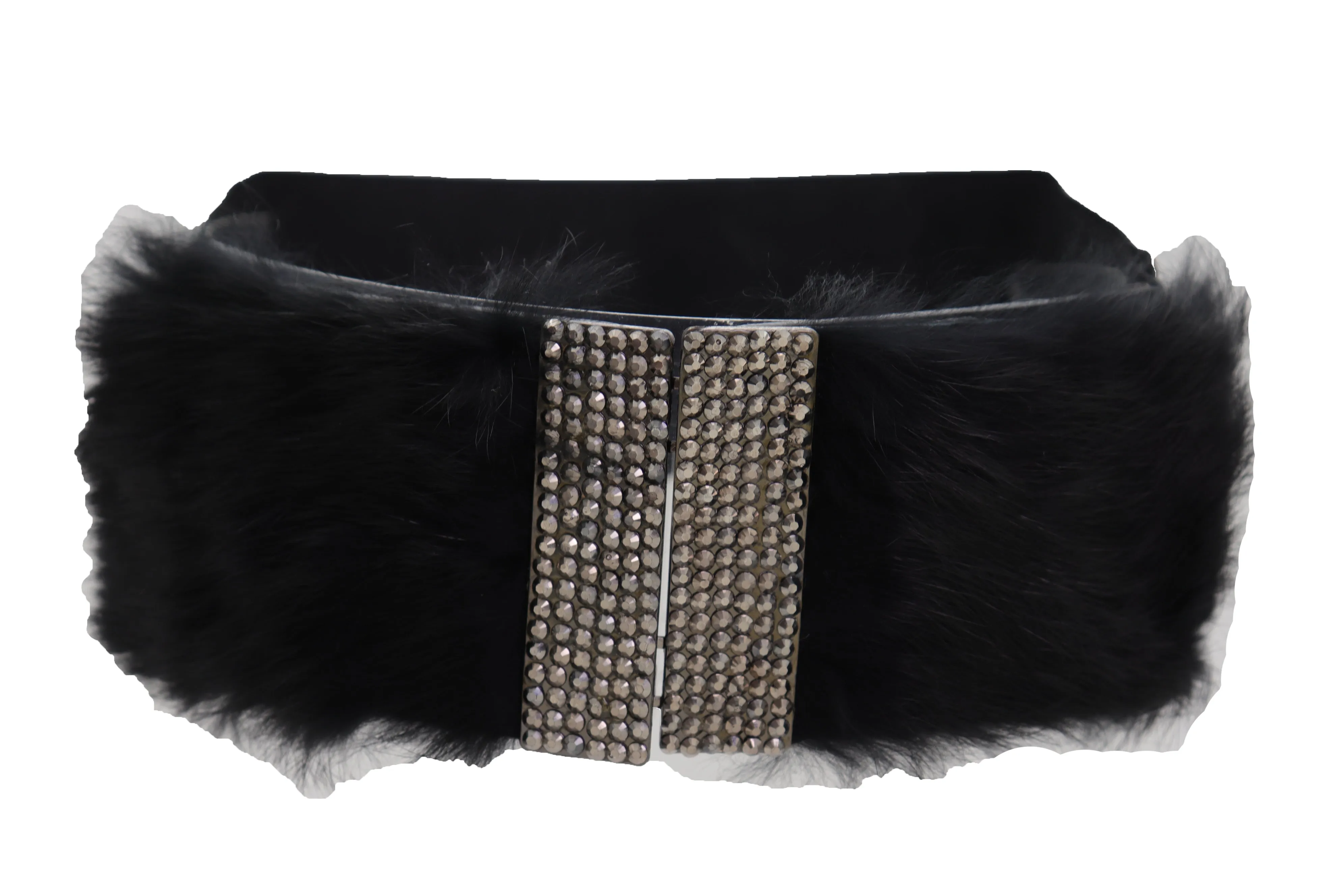 Women Black Wide Elastic Hip Waist Fashion Belt Faux Fur Fancy Style Size M L