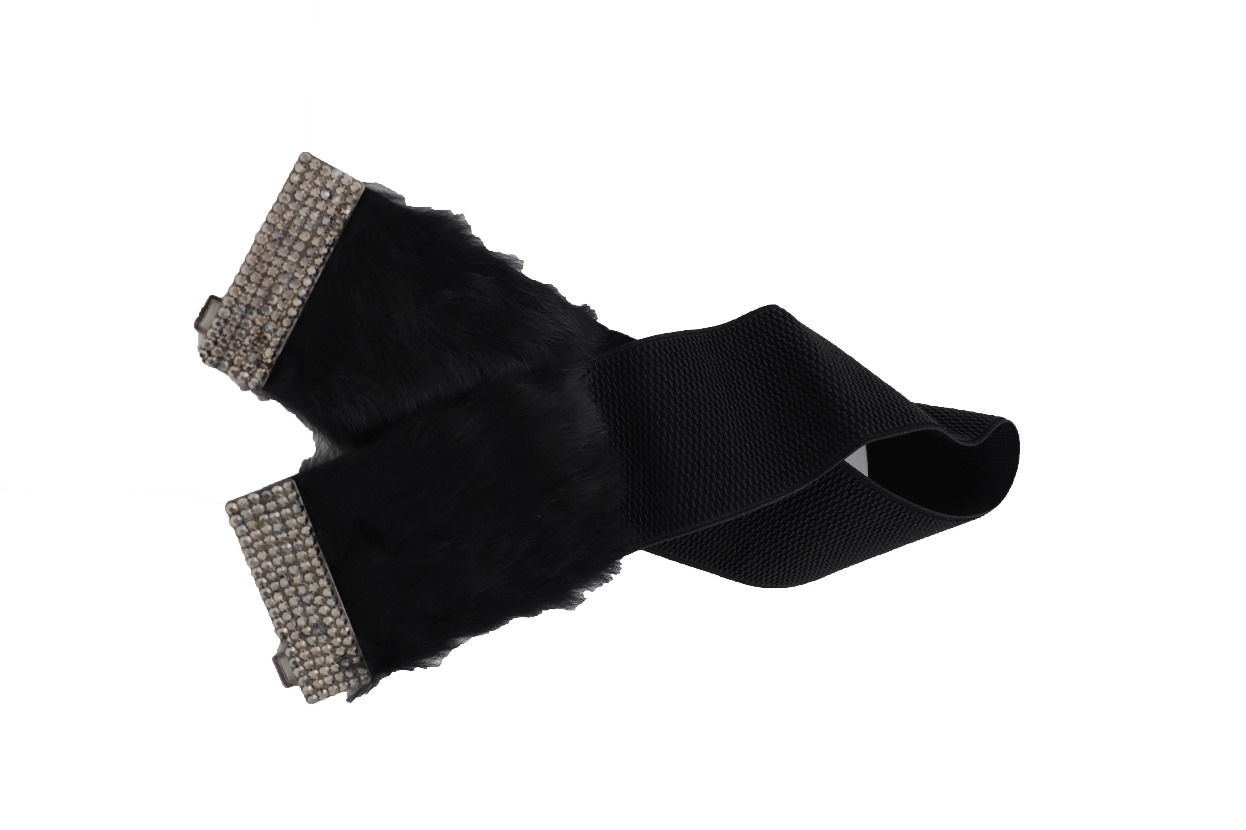 Women Black Wide Elastic Hip Waist Fashion Belt Faux Fur Fancy Style Size M L