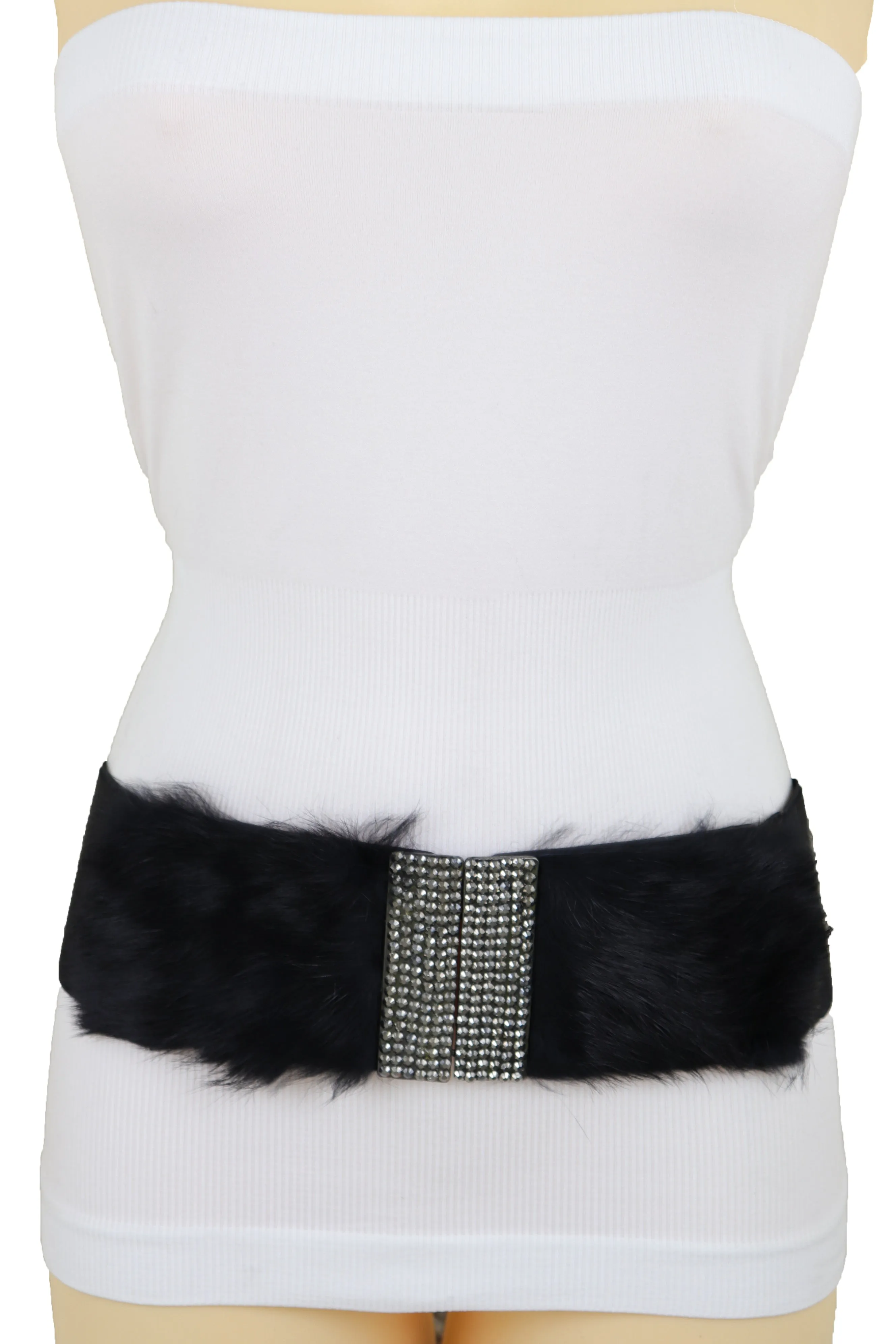 Women Black Wide Elastic Hip Waist Fashion Belt Faux Fur Fancy Style Size M L