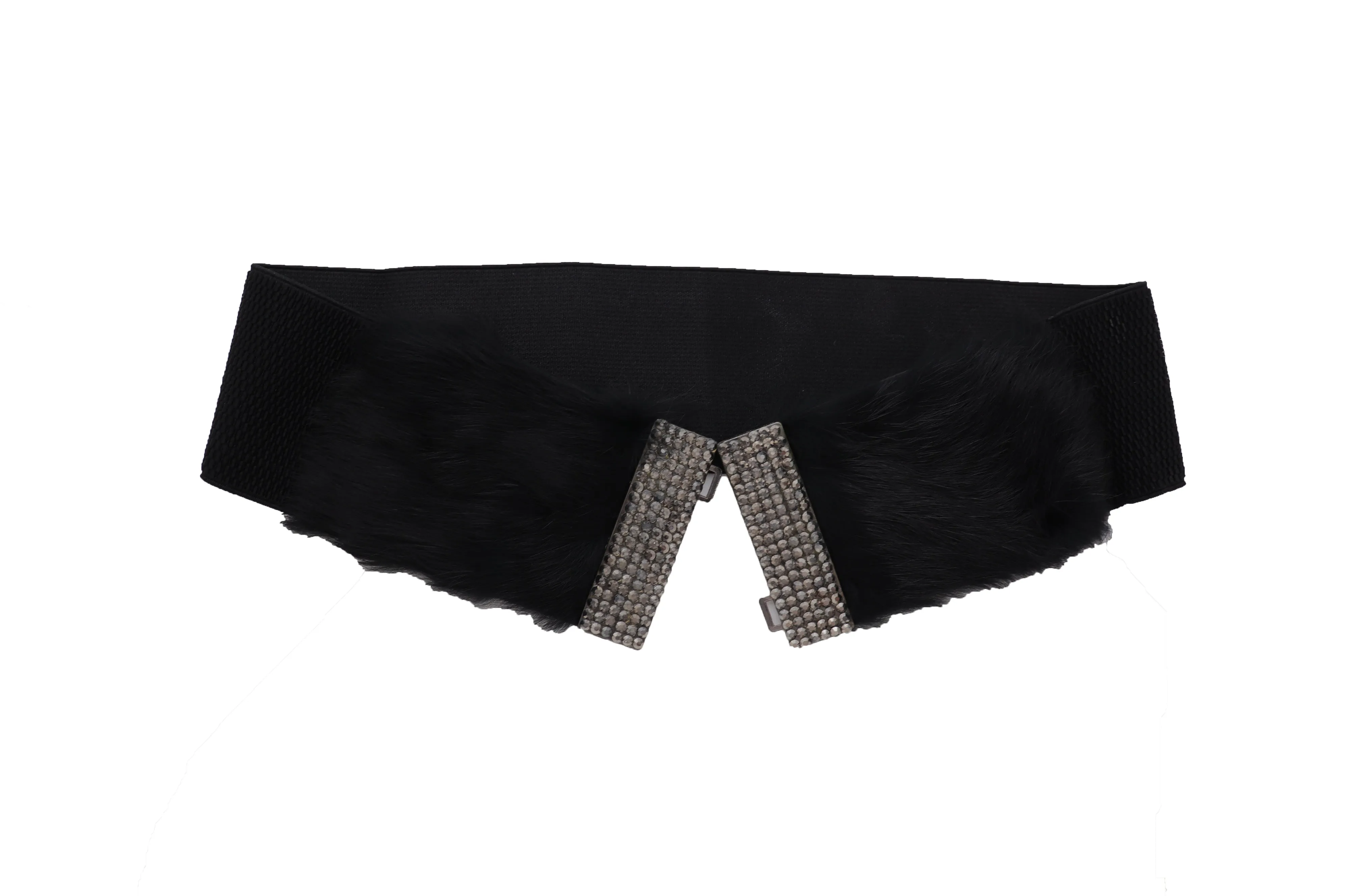 Women Black Wide Elastic Hip Waist Fashion Belt Faux Fur Fancy Style Size M L