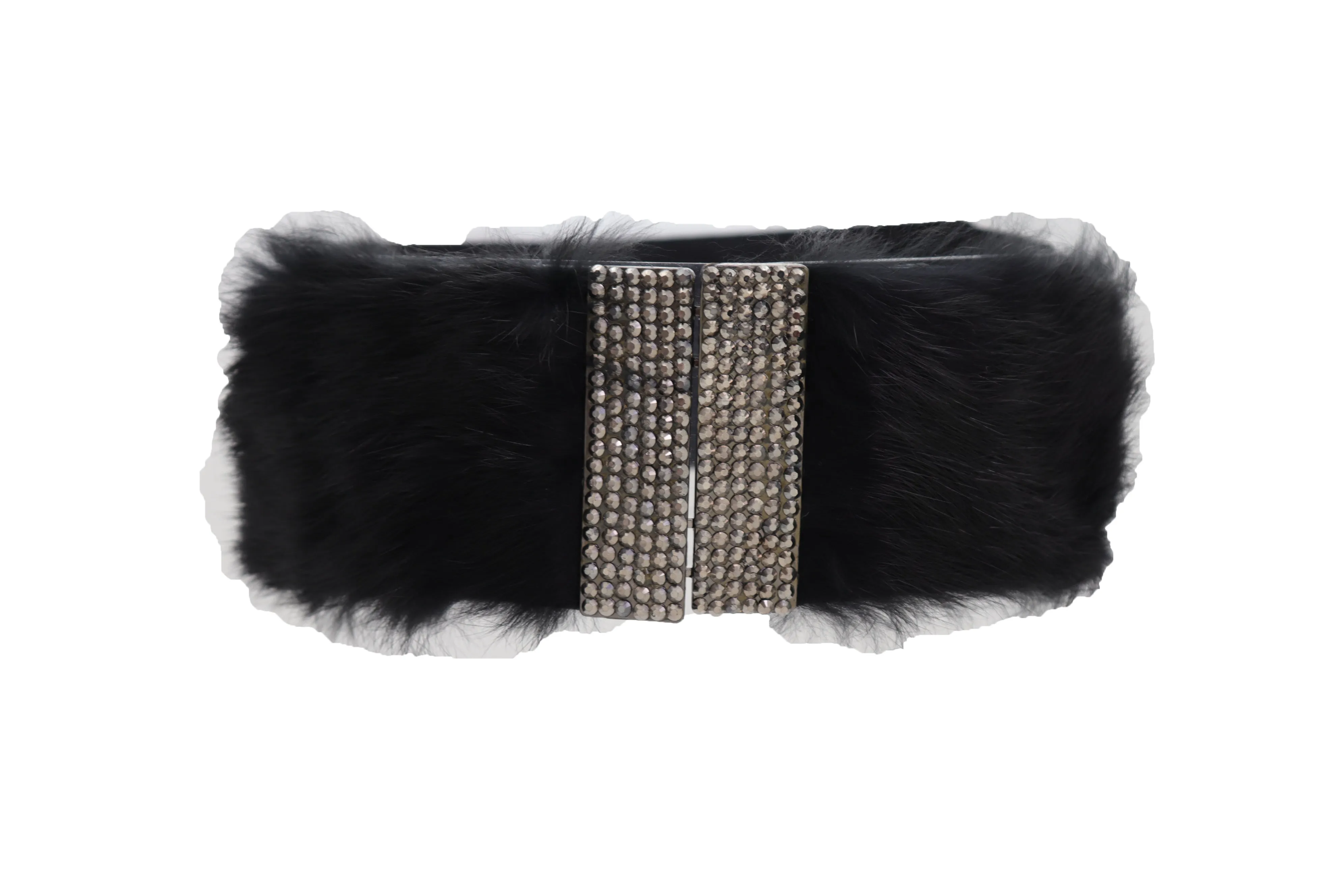 Women Black Wide Elastic Hip Waist Fashion Belt Faux Fur Fancy Style Size M L