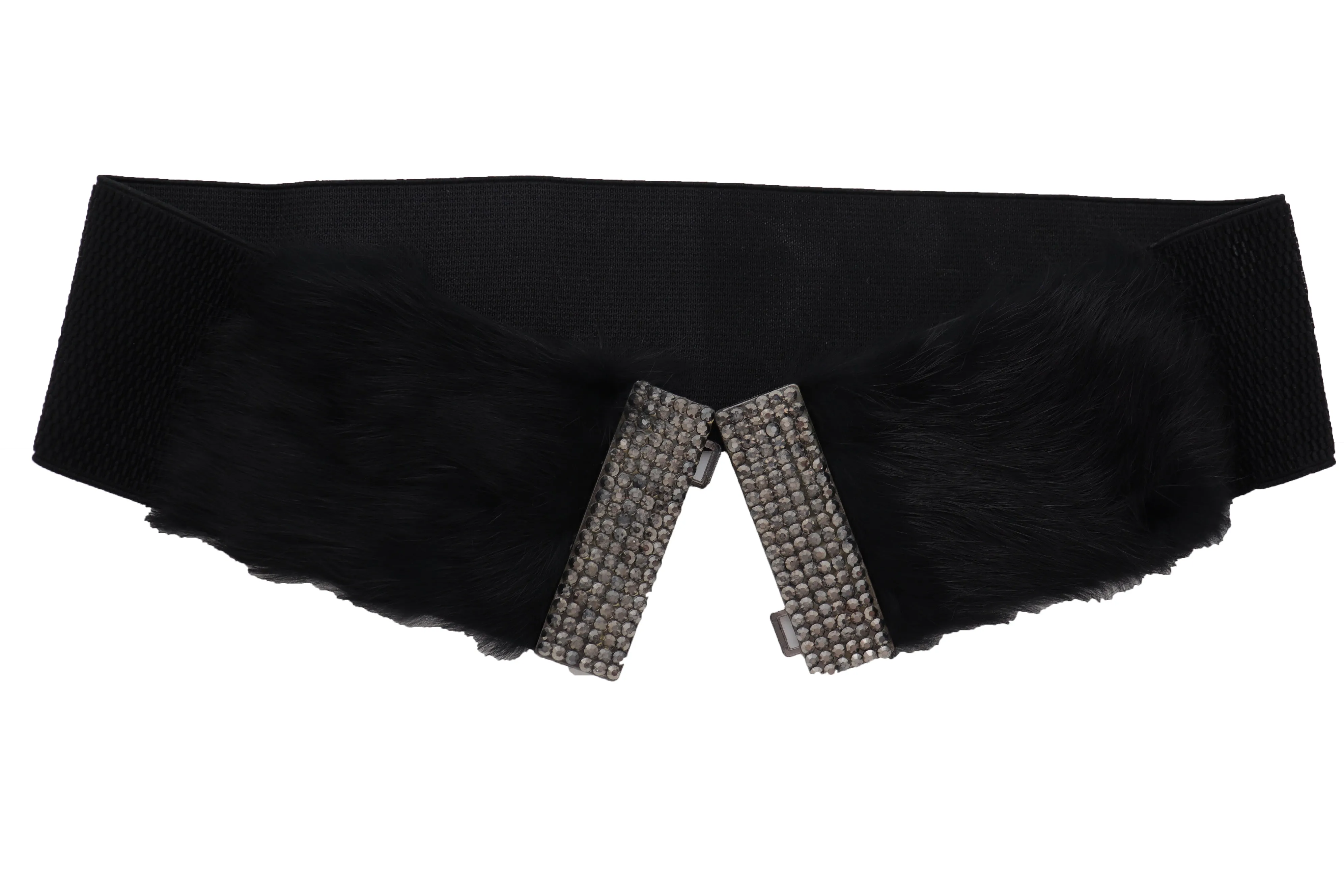 Women Black Wide Elastic Hip Waist Fashion Belt Faux Fur Fancy Style Size M L