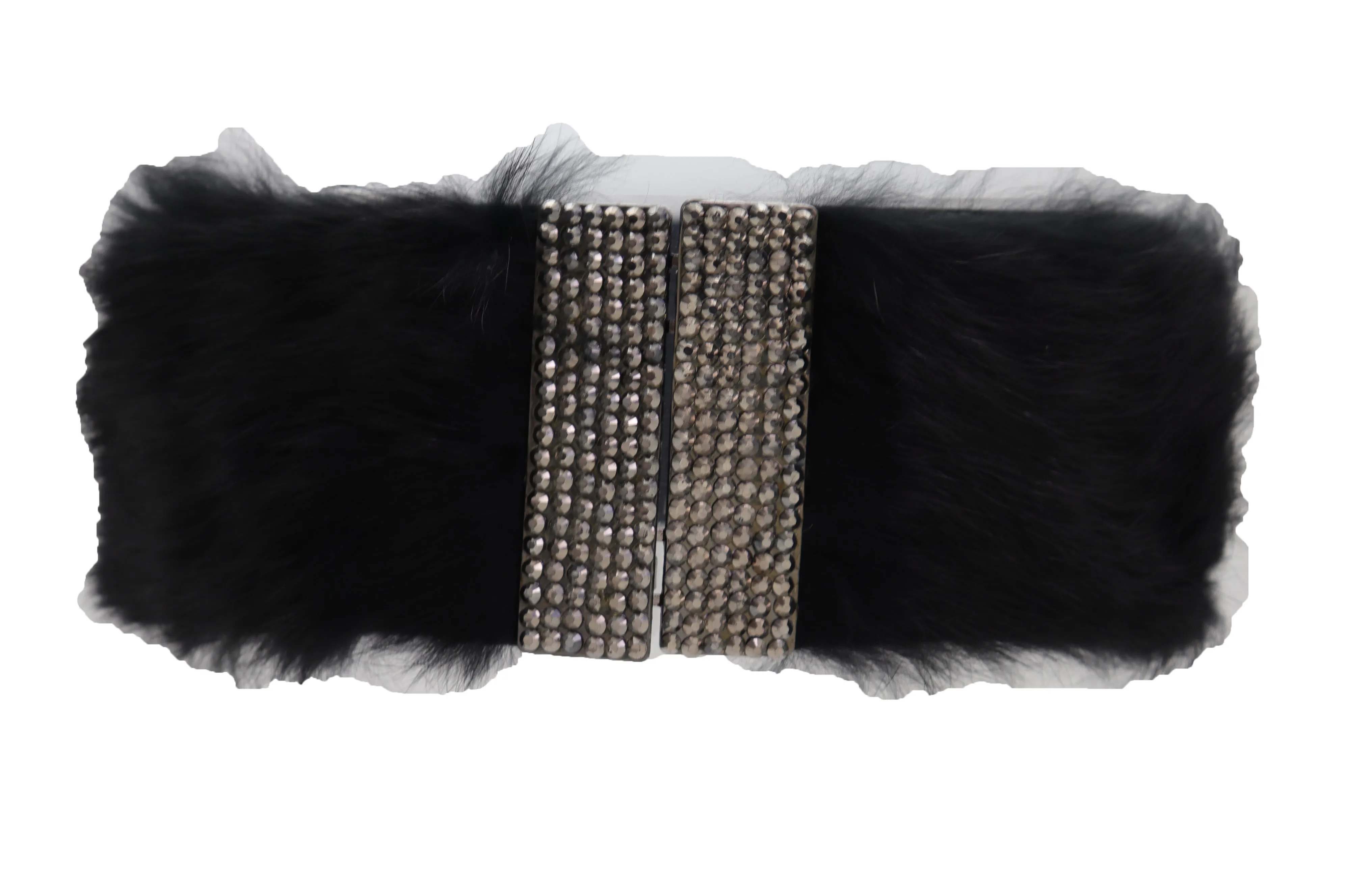 Women Black Wide Elastic Hip Waist Fashion Belt Faux Fur Fancy Style Size M L