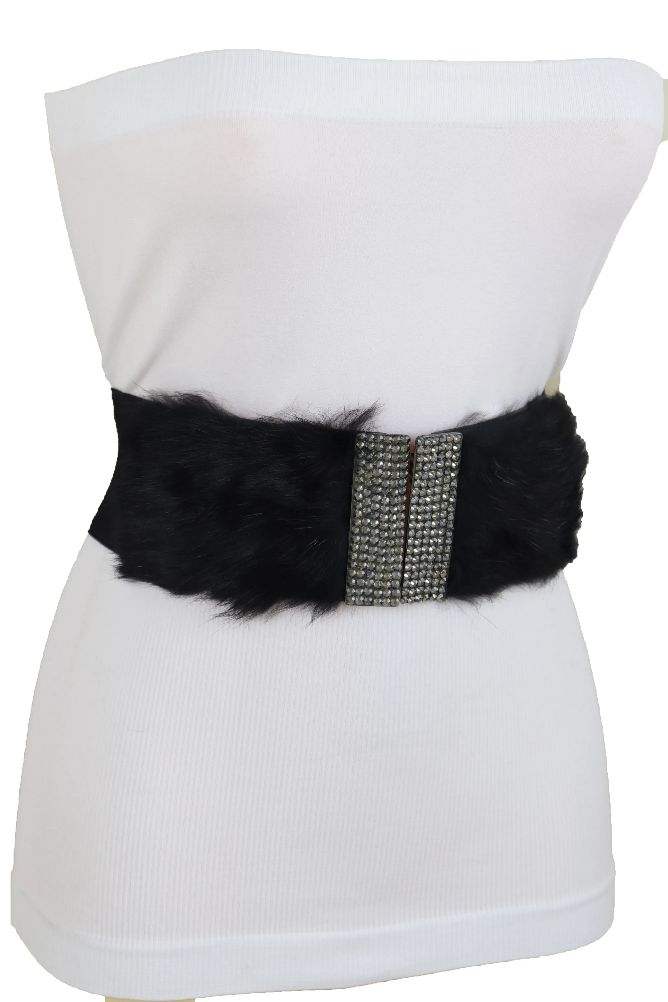 Women Black Wide Elastic Hip Waist Fashion Belt Faux Fur Fancy Style Size M L