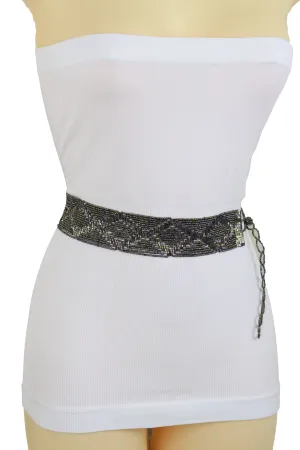Women High Waist Hip Bronze Green Beads Wrap Around Tie Fashion Belt Adjustable Band Size M L