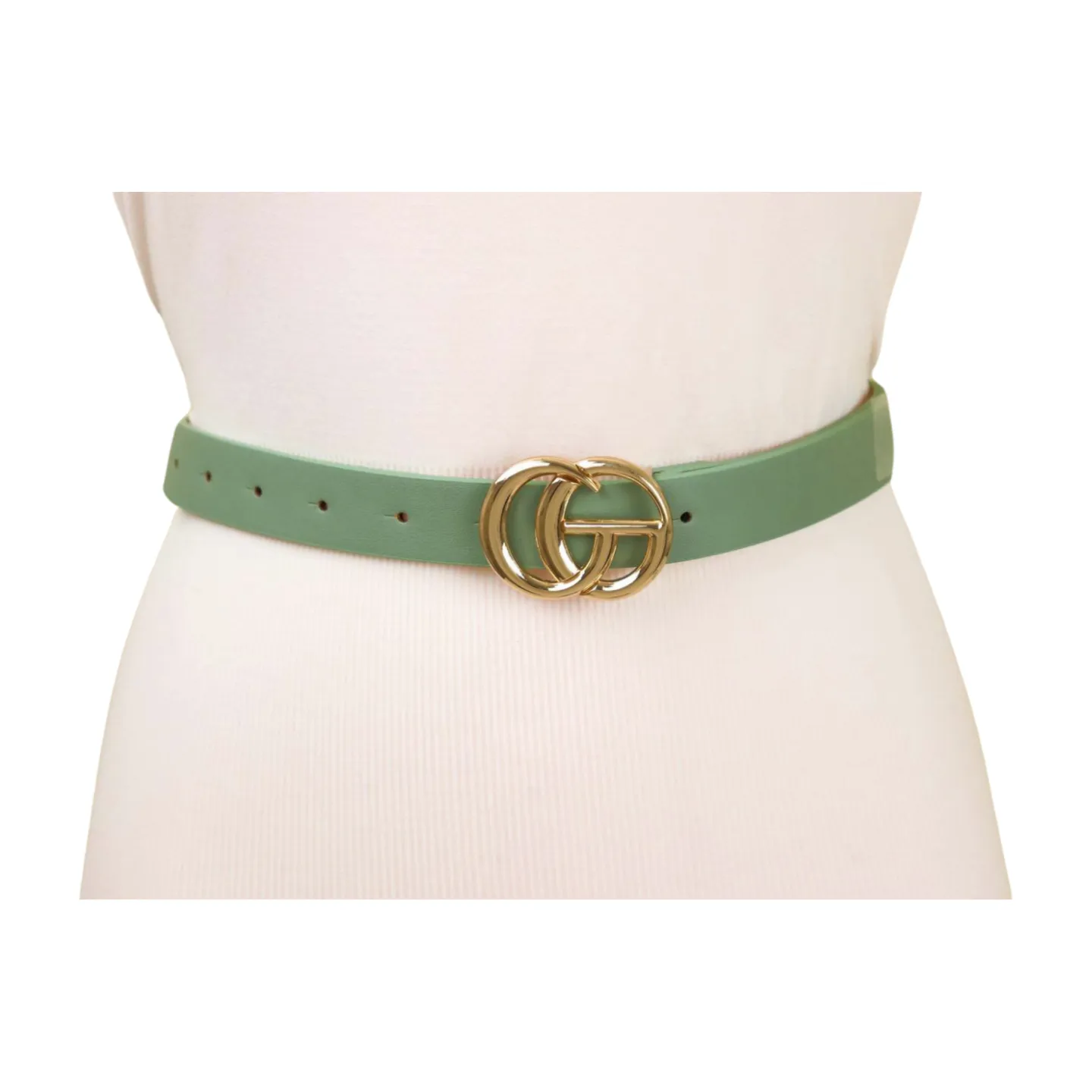 Women Light Green Faux Leather Belt Gold Metal Buckle M L