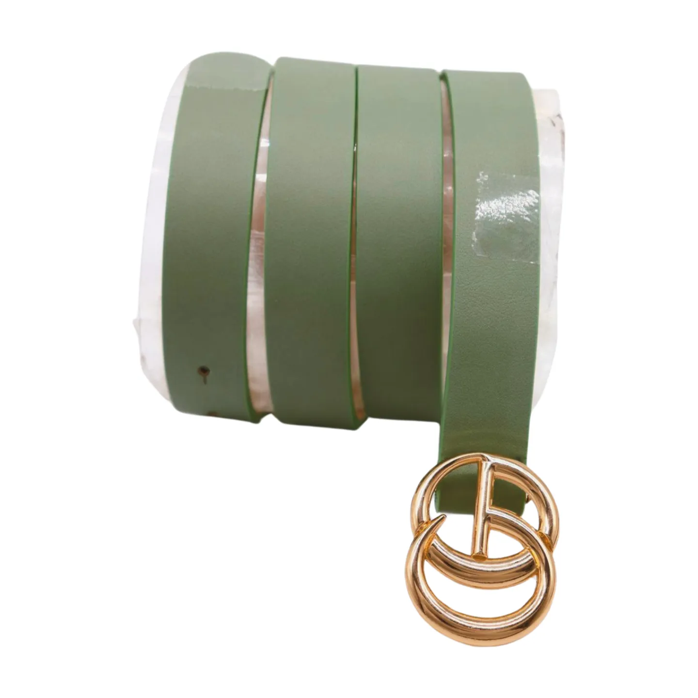 Women Light Green Faux Leather Belt Gold Metal Buckle M L