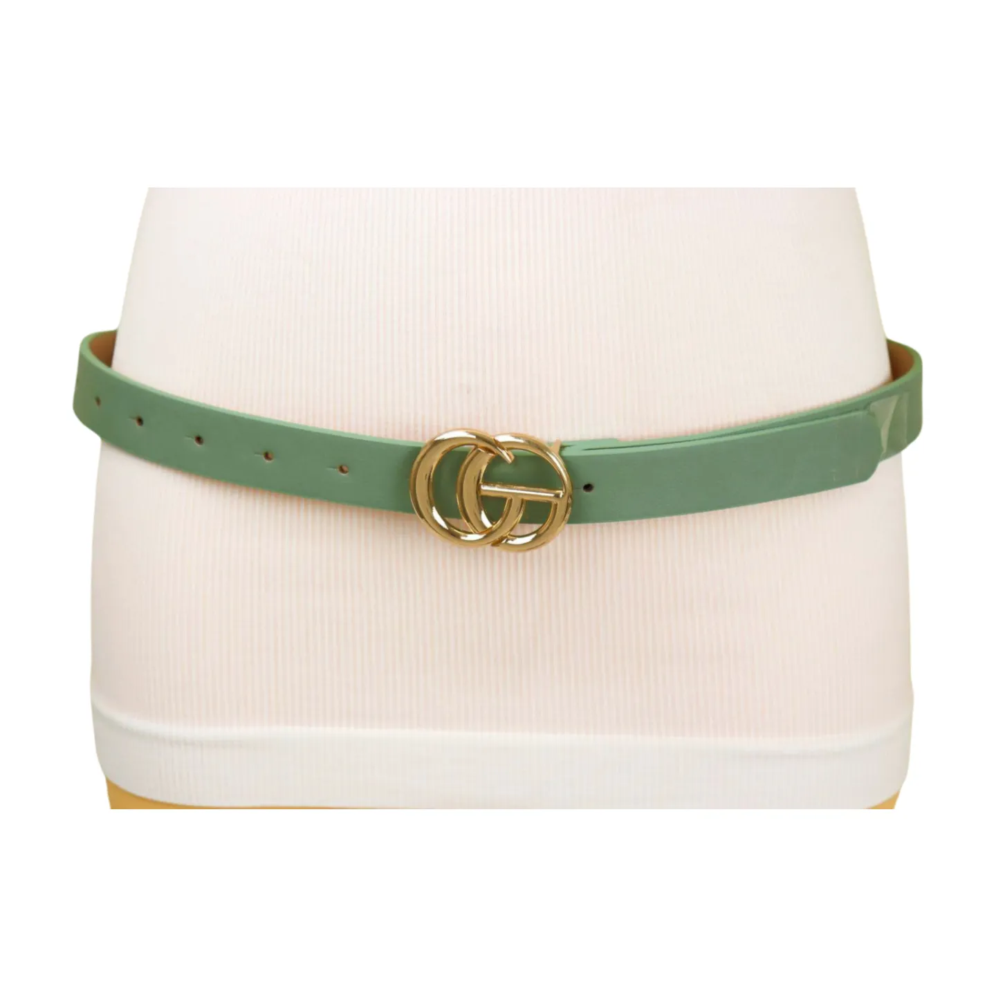 Women Light Green Faux Leather Belt Gold Metal Buckle M L