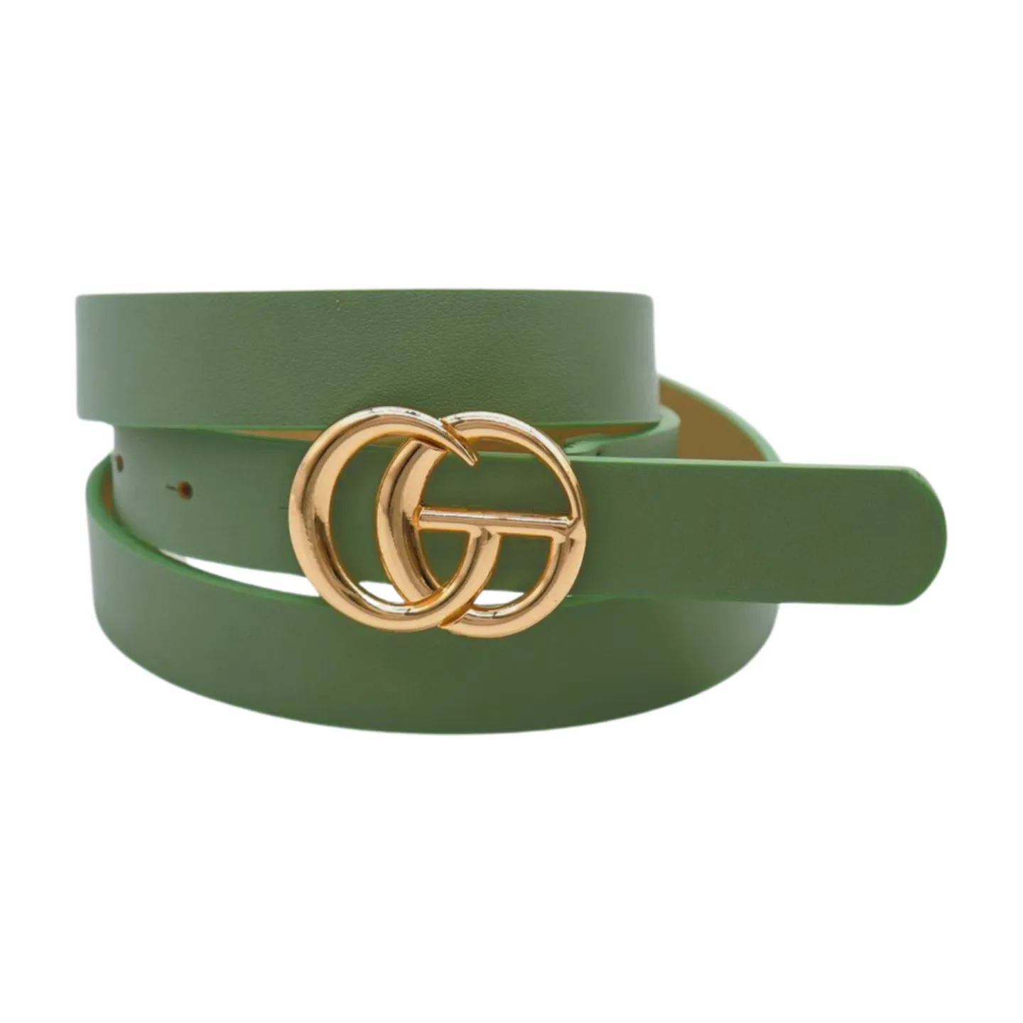Women Light Green Faux Leather Belt Gold Metal Buckle M L