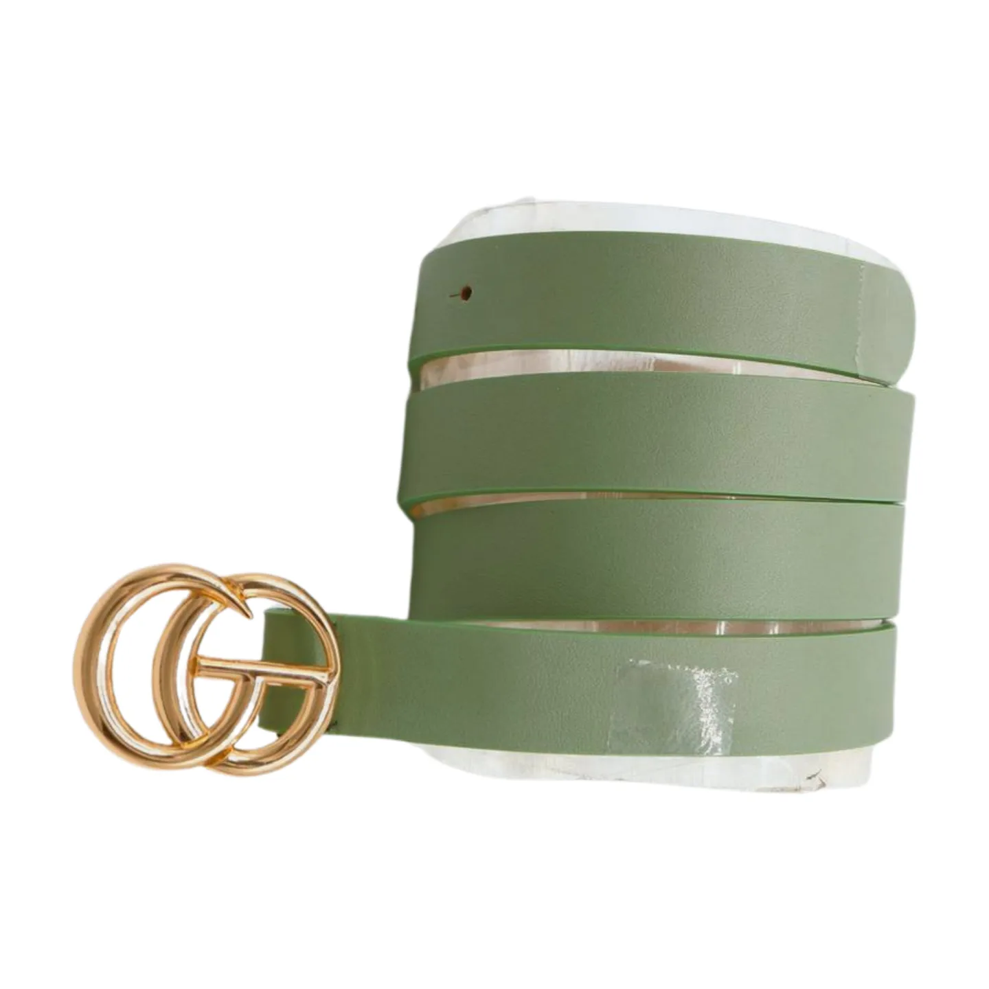 Women Light Green Faux Leather Belt Gold Metal Buckle M L