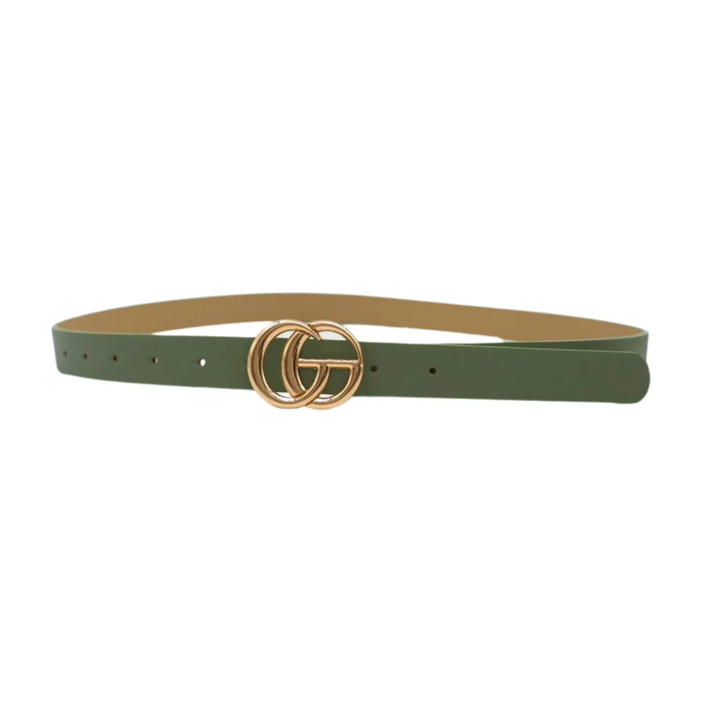Women Light Green Faux Leather Belt Gold Metal Buckle M L
