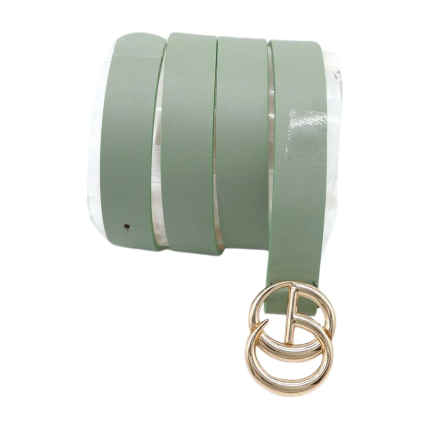 Women Light Green Faux Leather Belt Gold Metal Buckle M L