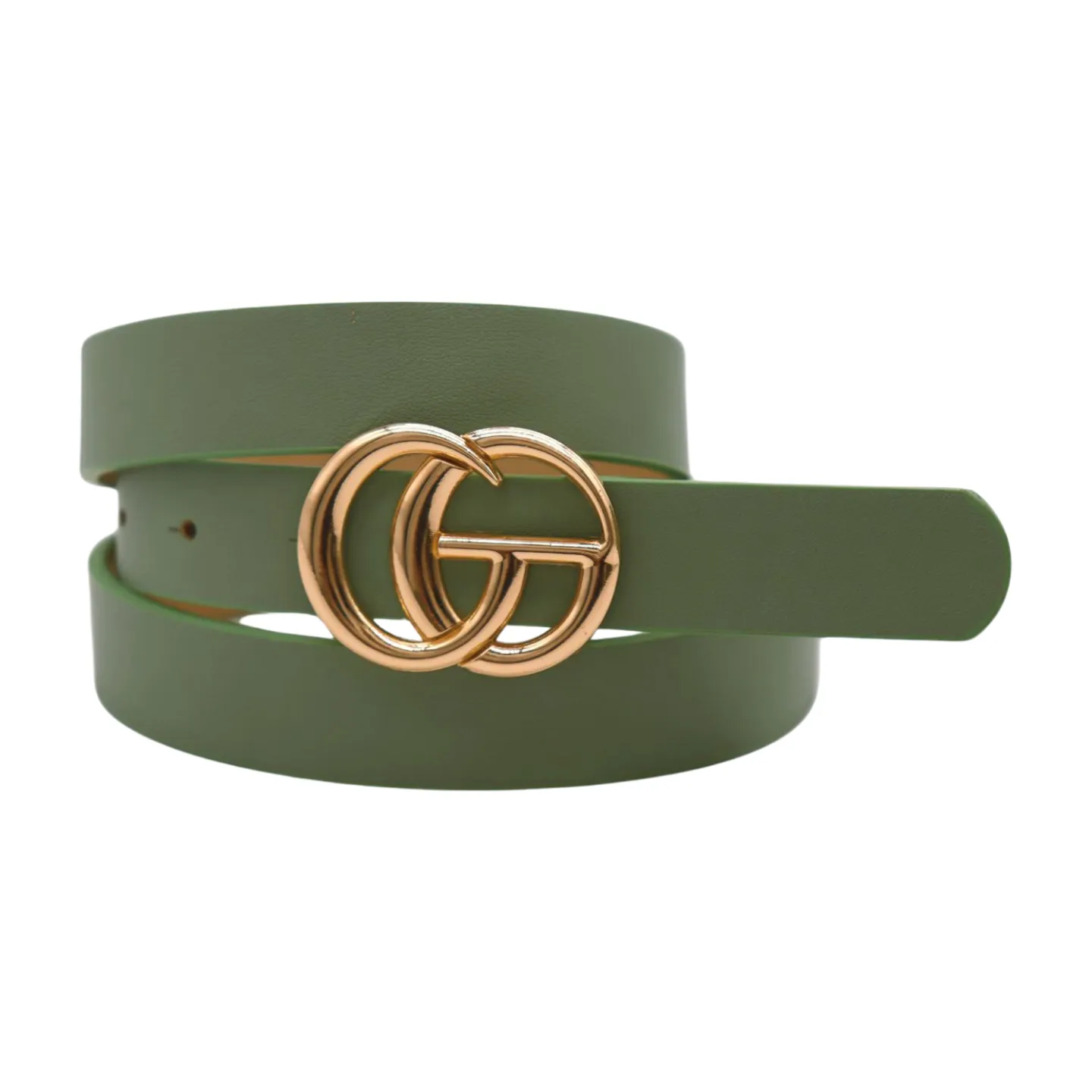 Women Light Green Faux Leather Belt Gold Metal Buckle M L