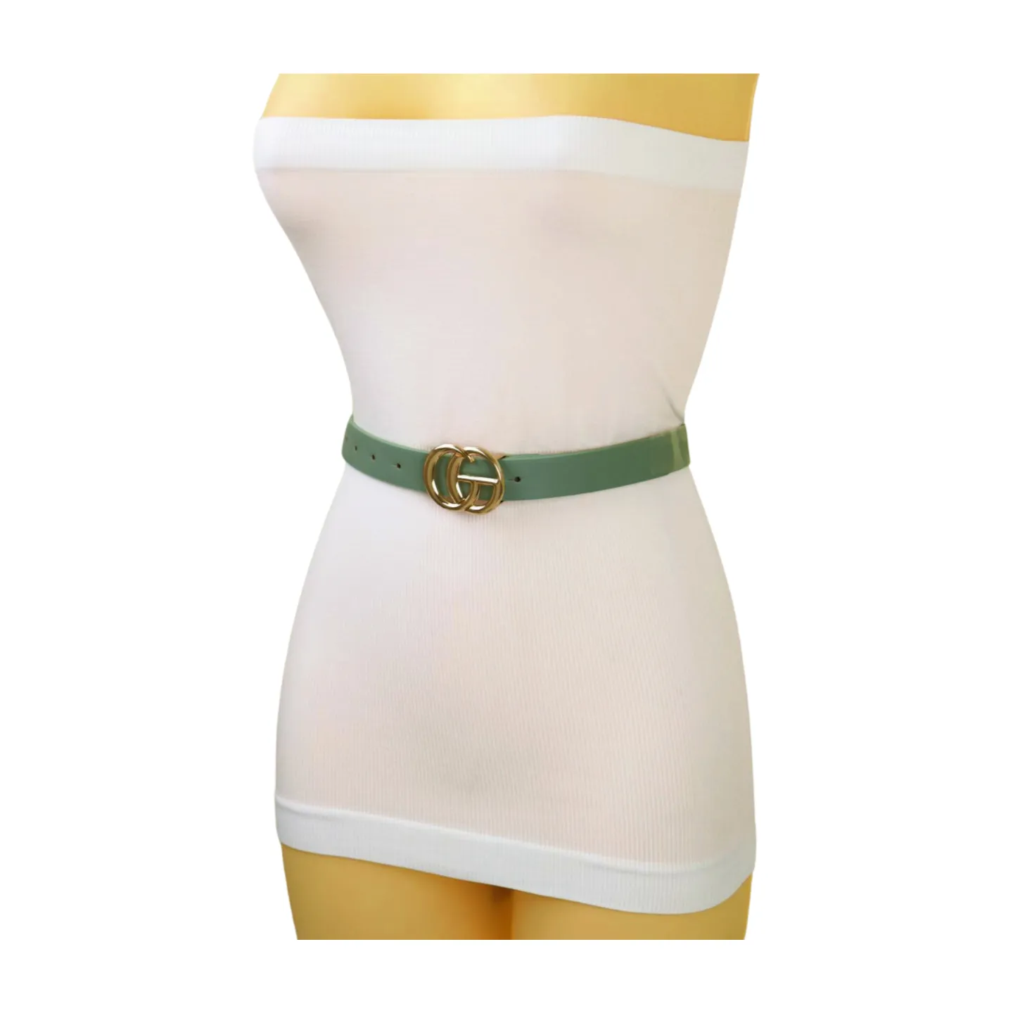 Women Light Green Faux Leather Belt Gold Metal Buckle M L