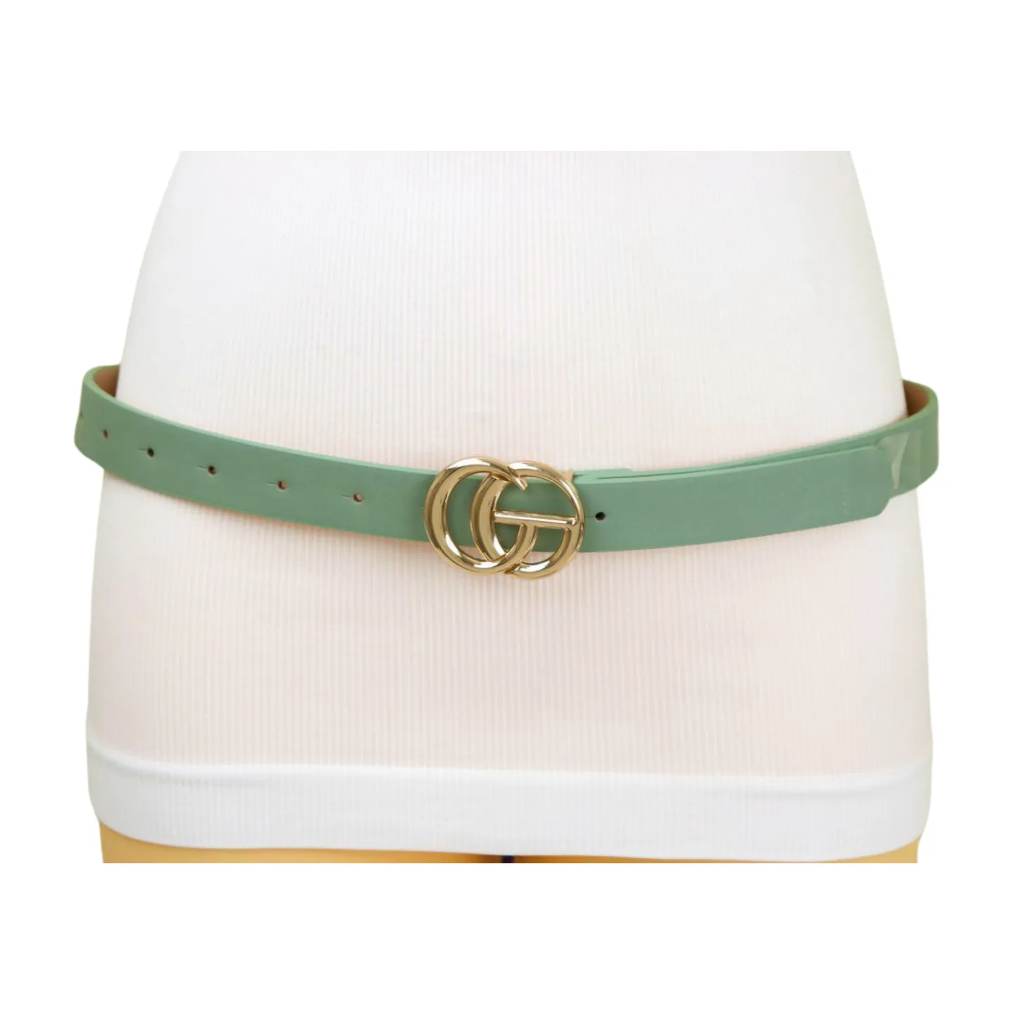 Women Light Green Faux Leather Belt Gold Metal Buckle M L