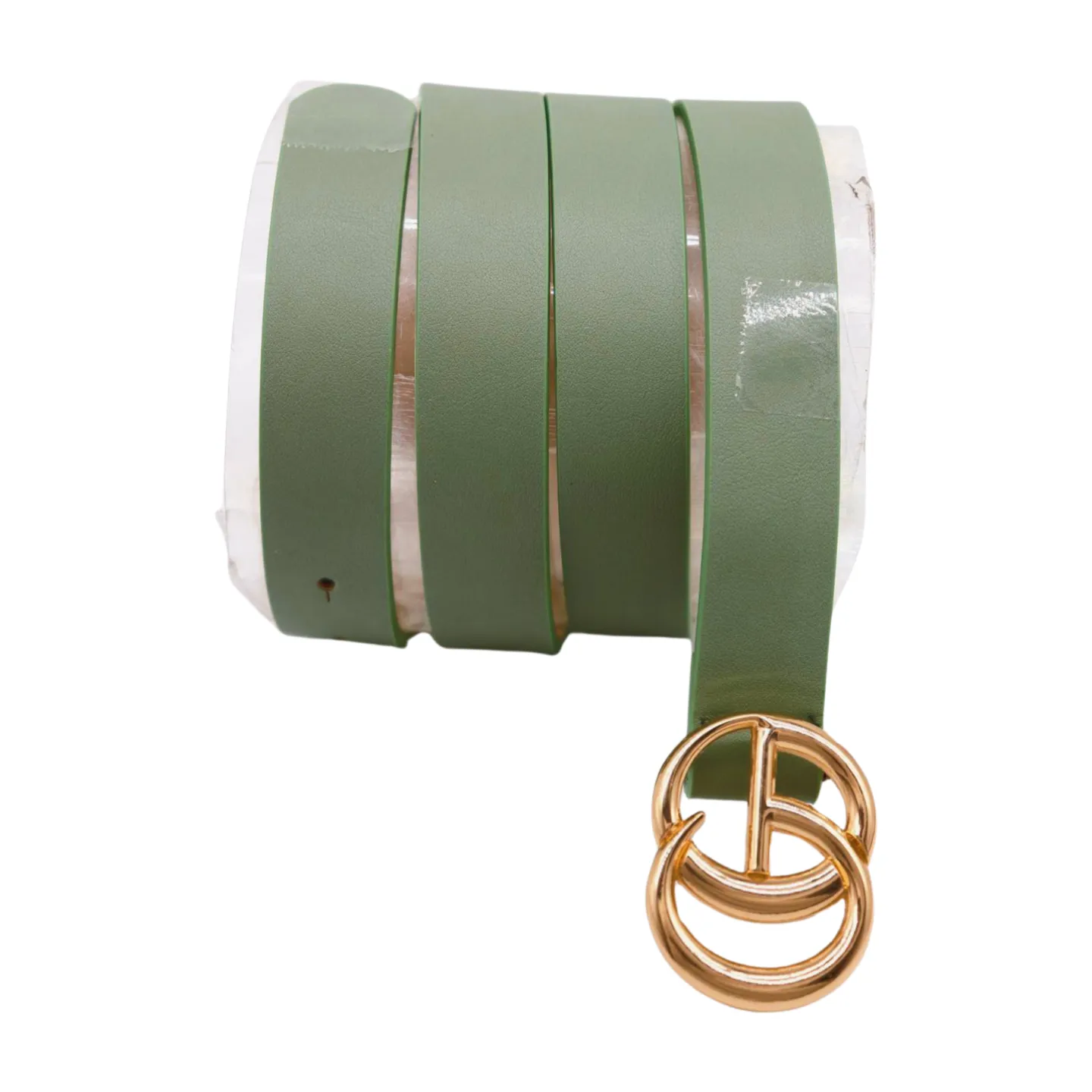 Women Light Green Faux Leather Belt Gold Metal Buckle M L