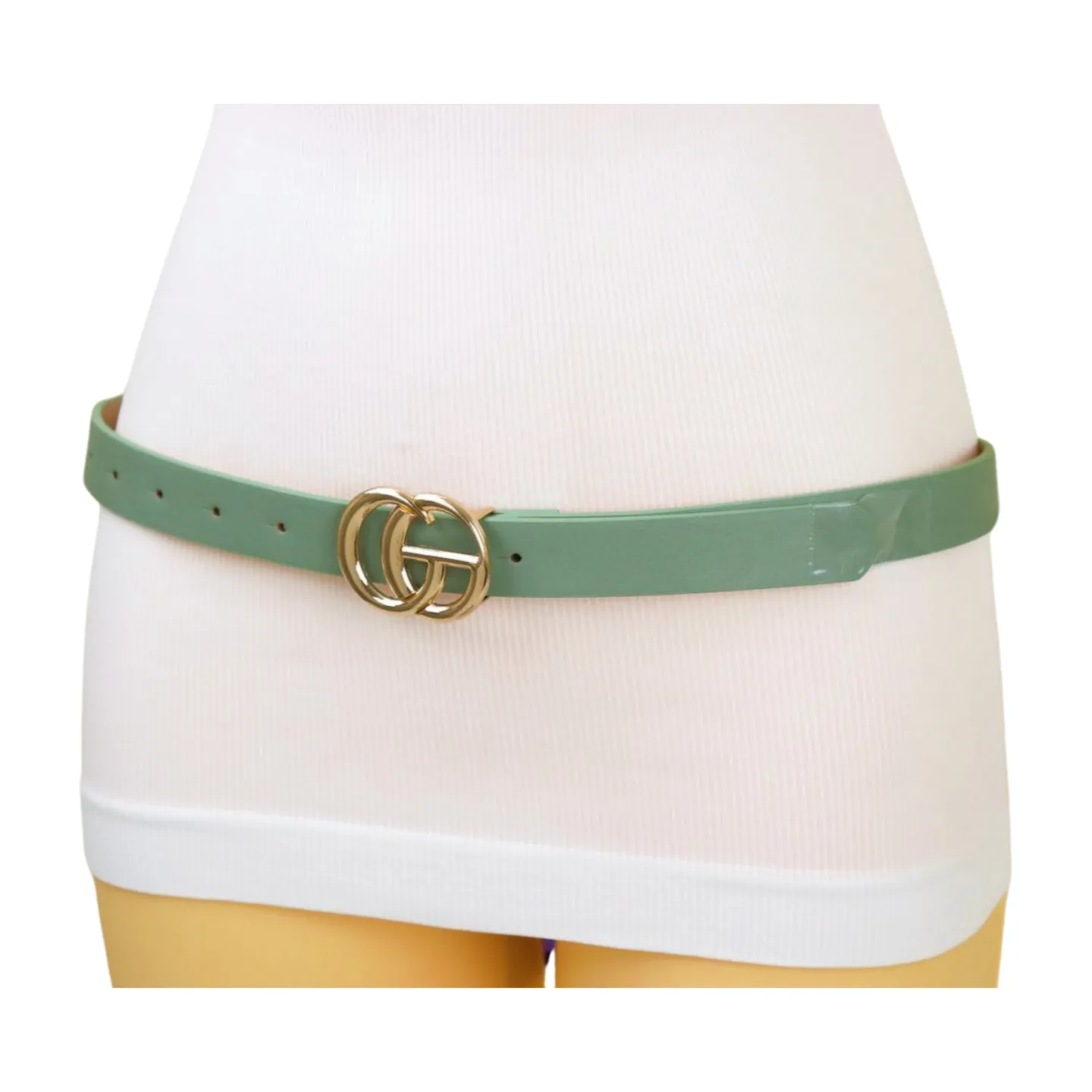 Women Light Green Faux Leather Belt Gold Metal Buckle M L