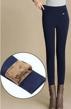 Women office work pants stretch Warm velvet ladies pencil pants black blue White High Waist trousers