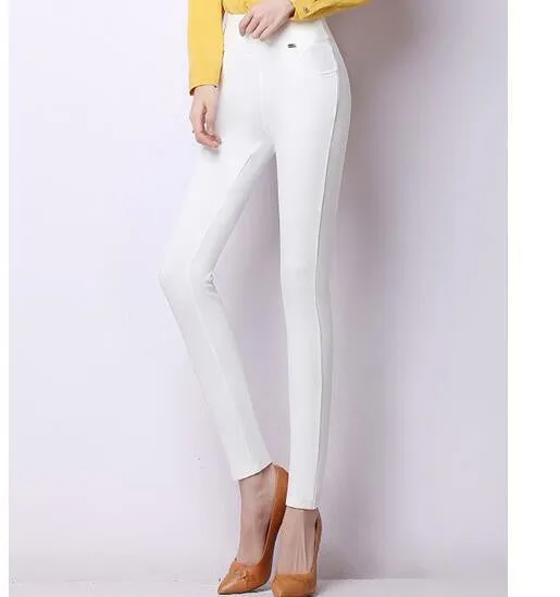 Women office work pants stretch Warm velvet ladies pencil pants black blue White High Waist trousers