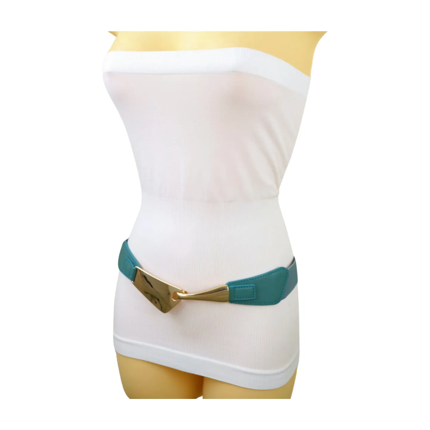 Women Teal Mint Blue Elastic Waistband Fashion Belt Gold Metal Hook Buckle S M