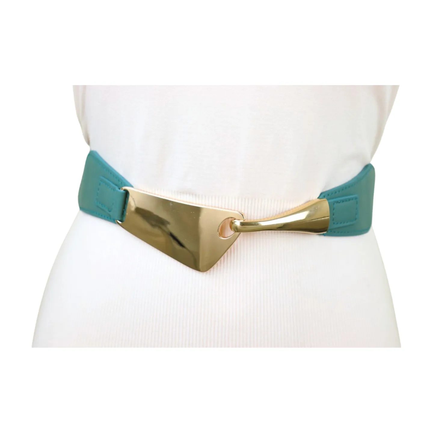Women Teal Mint Blue Elastic Waistband Fashion Belt Gold Metal Hook Buckle S M