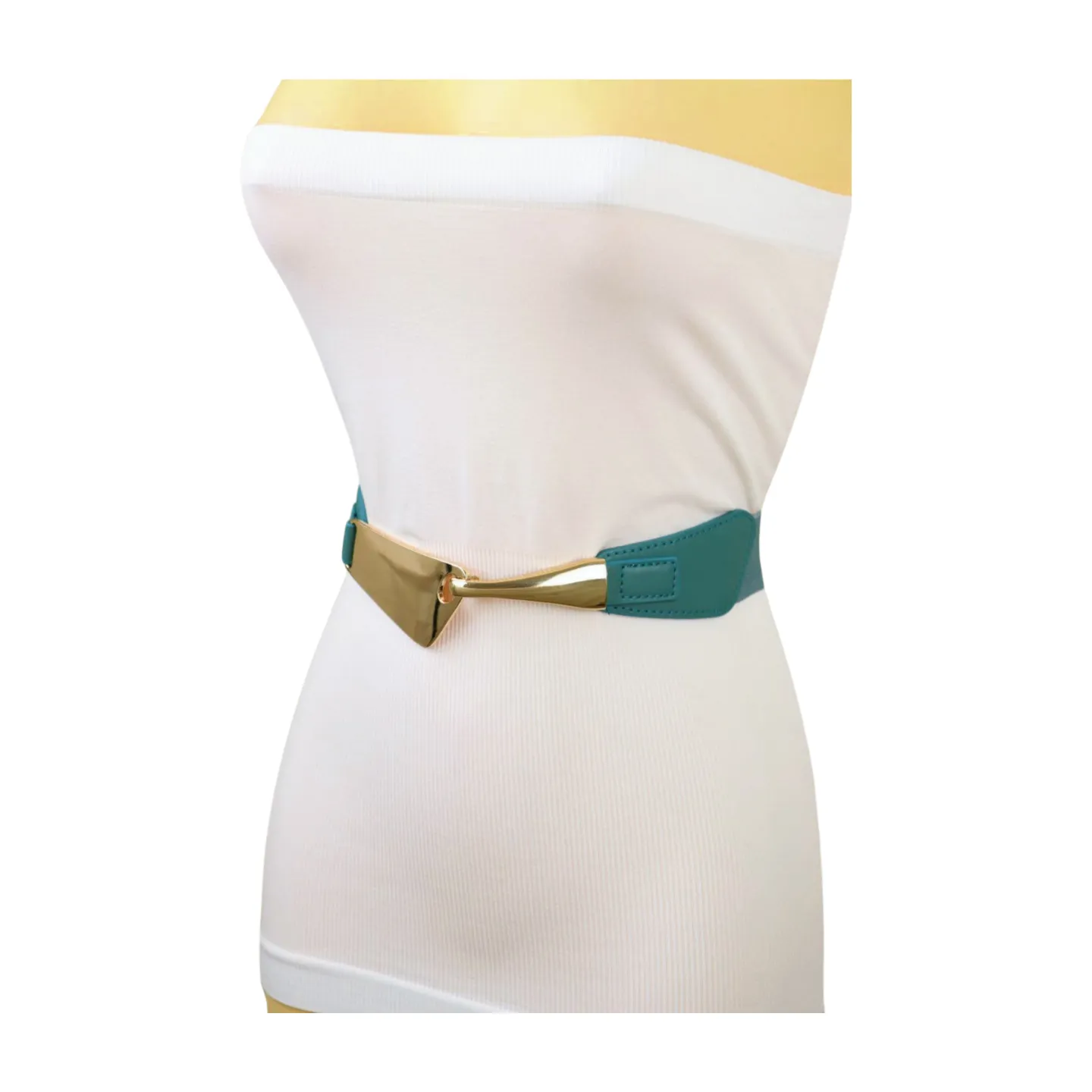 Women Teal Mint Blue Elastic Waistband Fashion Belt Gold Metal Hook Buckle S M