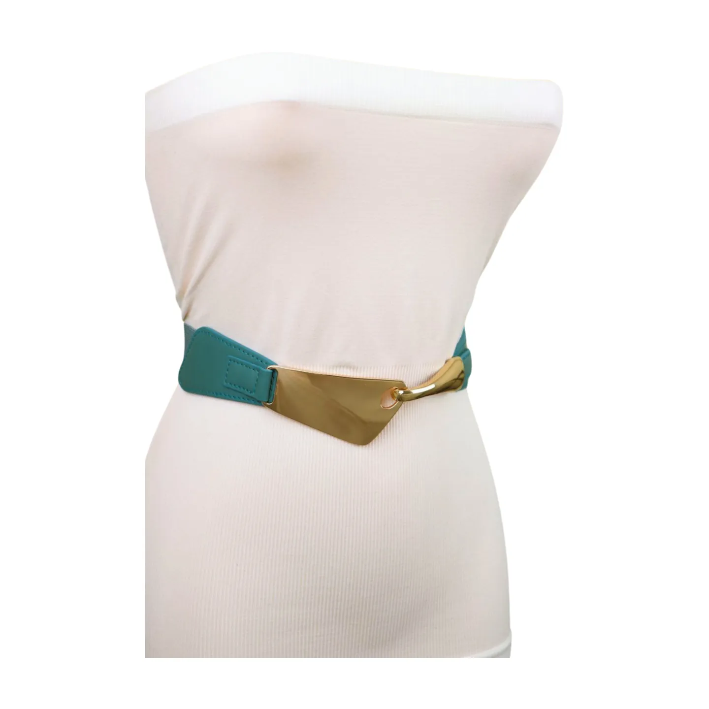 Women Teal Mint Blue Elastic Waistband Fashion Belt Gold Metal Hook Buckle S M