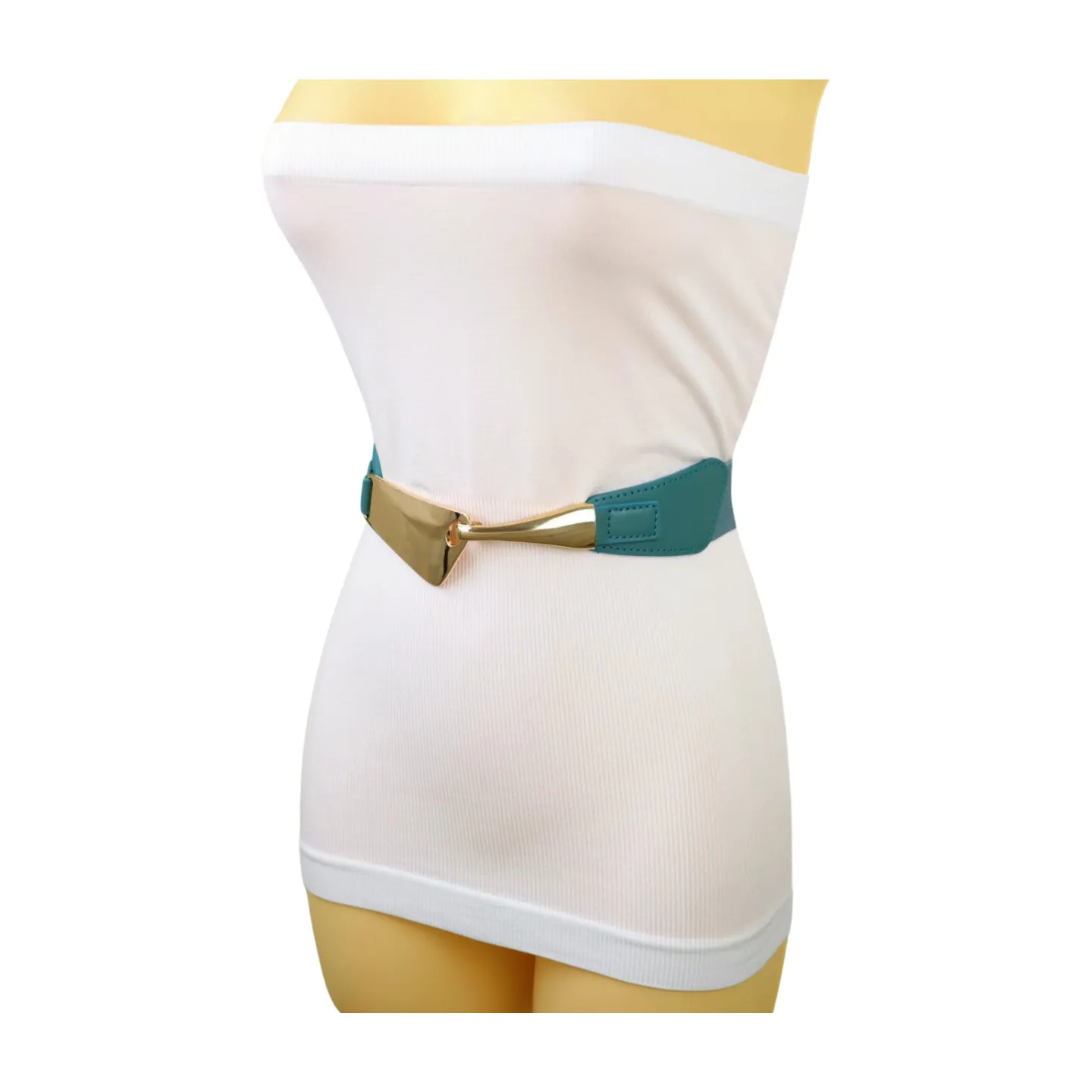 Women Teal Mint Blue Elastic Waistband Fashion Belt Gold Metal Hook Buckle S M
